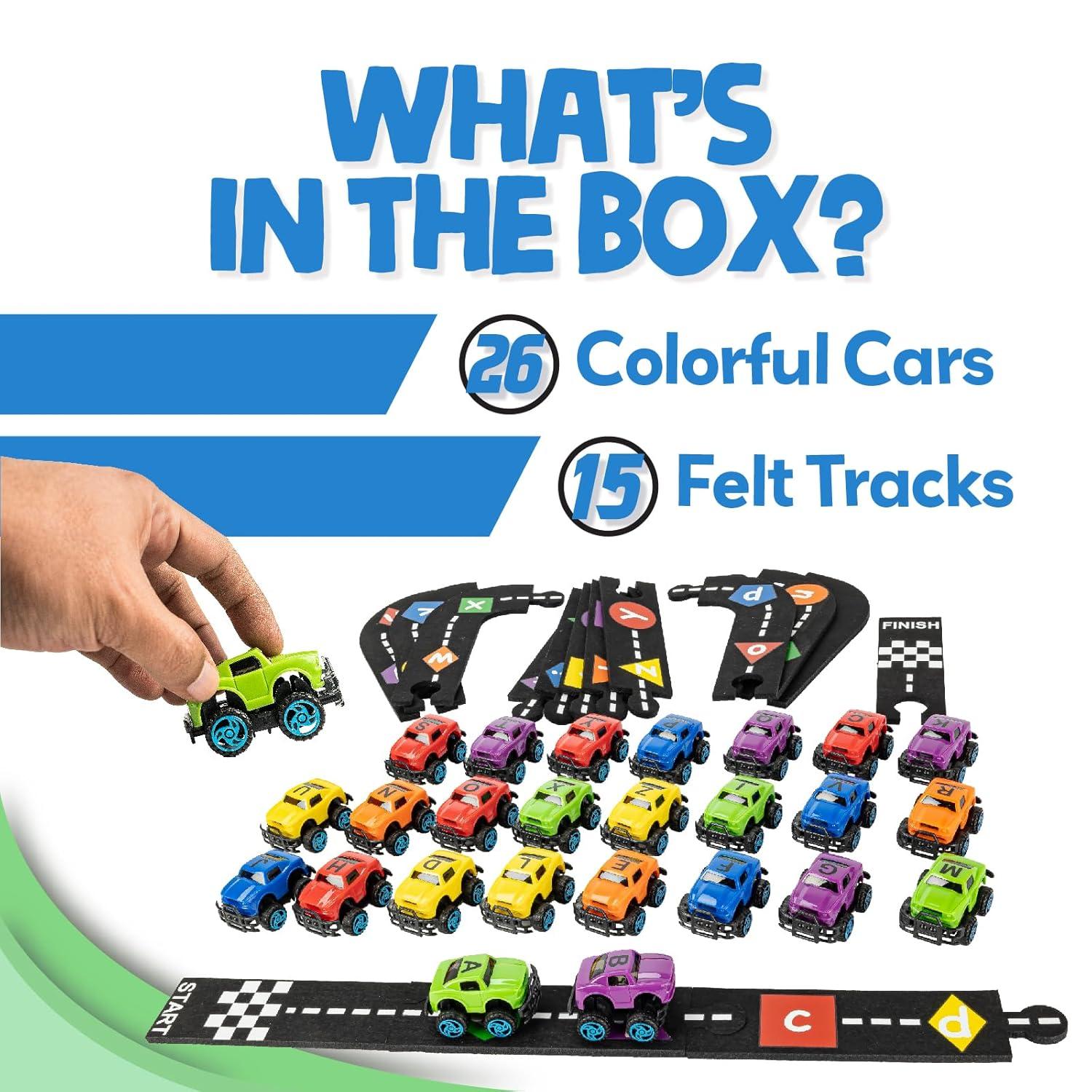Skoolzy AlphaTracks Alphabet Race Car Track 41-Piece Set with Flexible Felt Racing Tracks ABC Montessori Toys Preschool Activities Includes Letters & Numbers for Kids Recognition Skills Includes eBook
