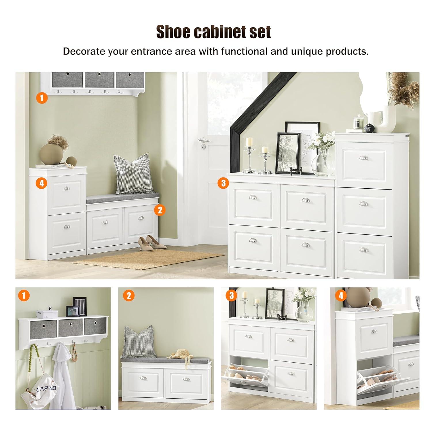 SoBuy White Shoe Cabinet with 4 Flip Drawers, Large Freestanding Shoe Rack, Modern Shoe Organizer for Entryway, Hallway, Entance FSR79-W