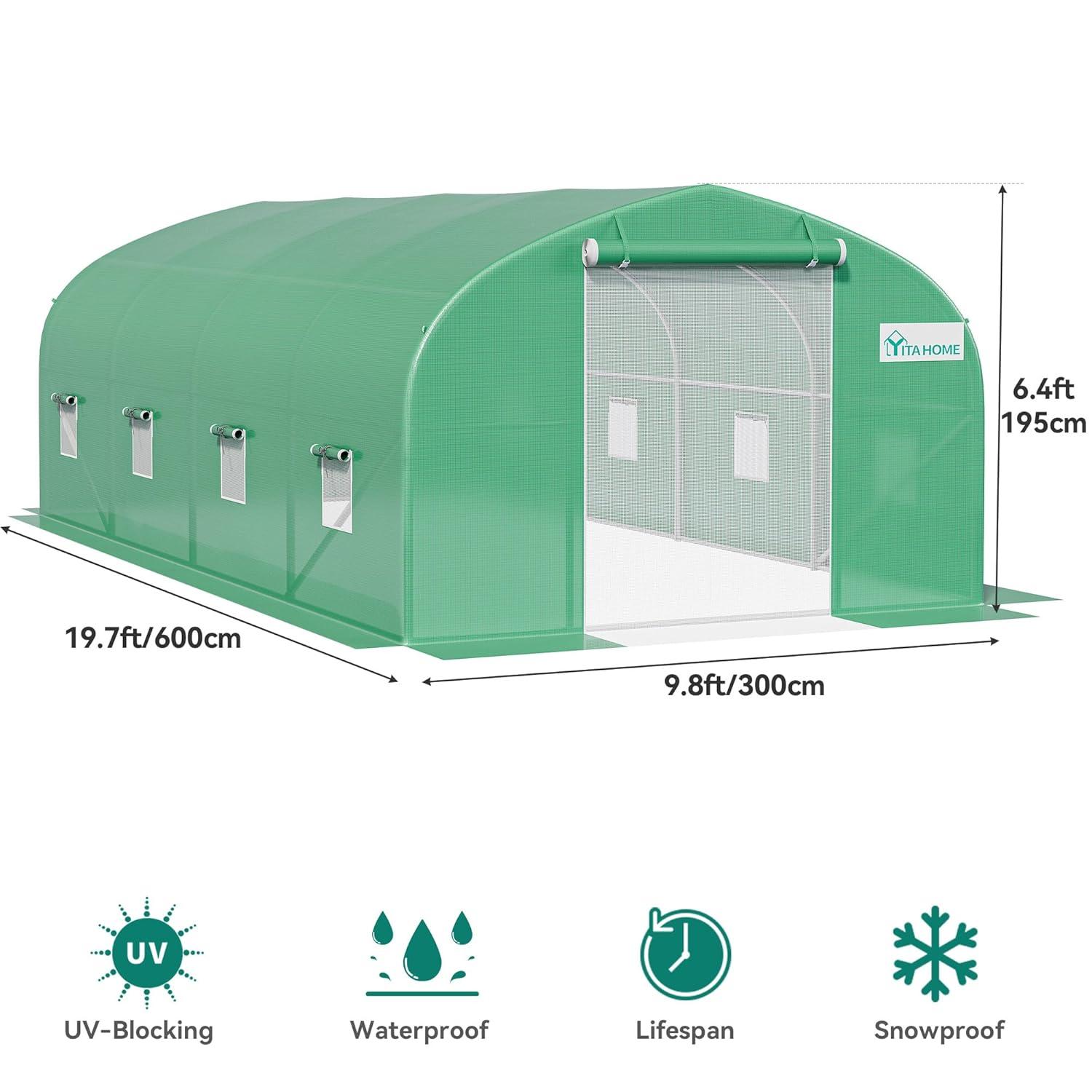 YITAHOME 20x10x6.5ft Greenhouse Large Heavy Duty Tunnel Green Houses Outdoor Plant Gardening Upgraded Galvanized Steel Frame Zipper Doors 7 Crossbars Garden, Green