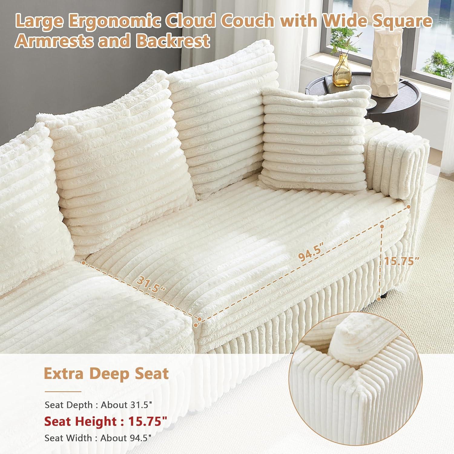 104.3''Cloud Sectional Couch,Oversized Living Room Convertible Sofa, Plush Corduroy Sofa W/6 Soft Pillows,4 Deep Seat Memory Foam Couches,Plush Couch for Living Room, Apartment (Beige)