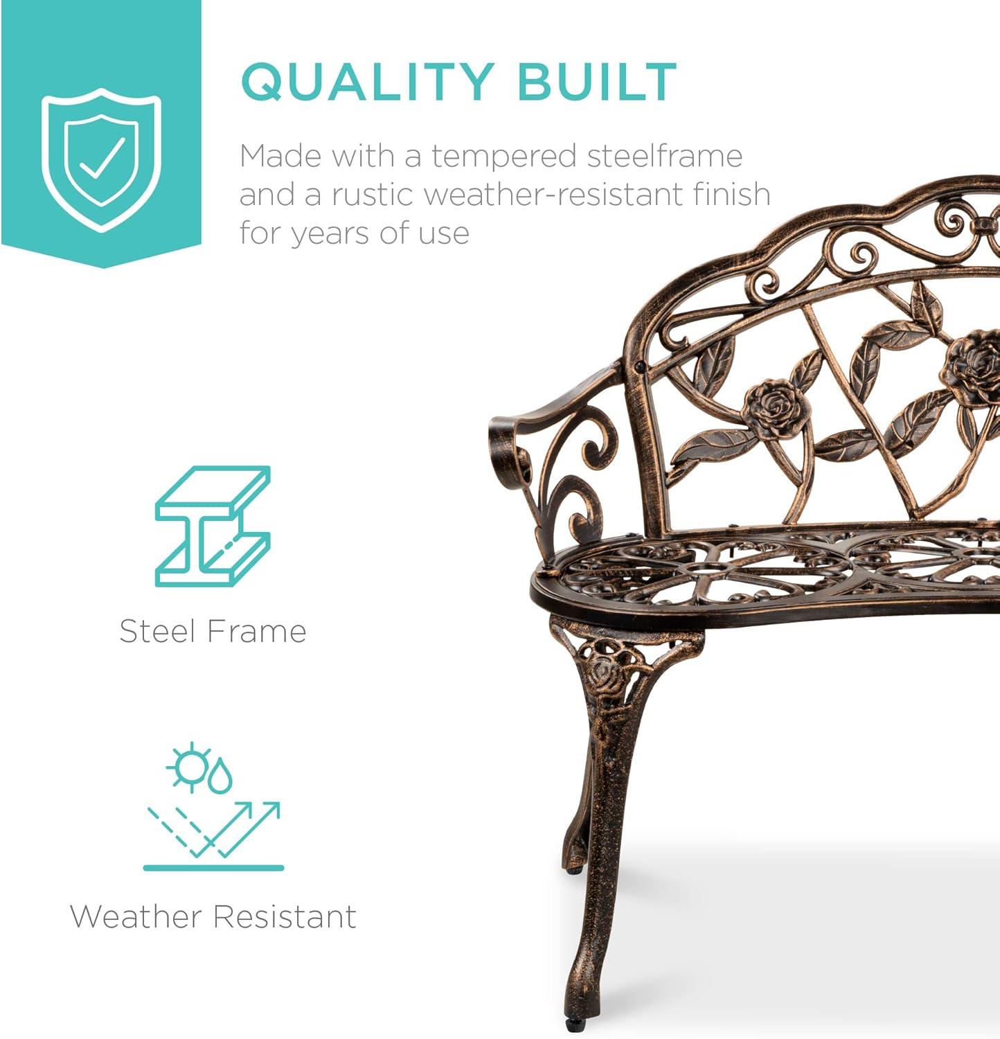 QSHIMY Patio Garden Bench Park Metal Rose Outdoor Benches, Aluminium Vintage Antique Furniture Chair Outside Benches Weather Proof Bench for Outdoor Porch, Lawn, Balcony, Backyard, Bronze