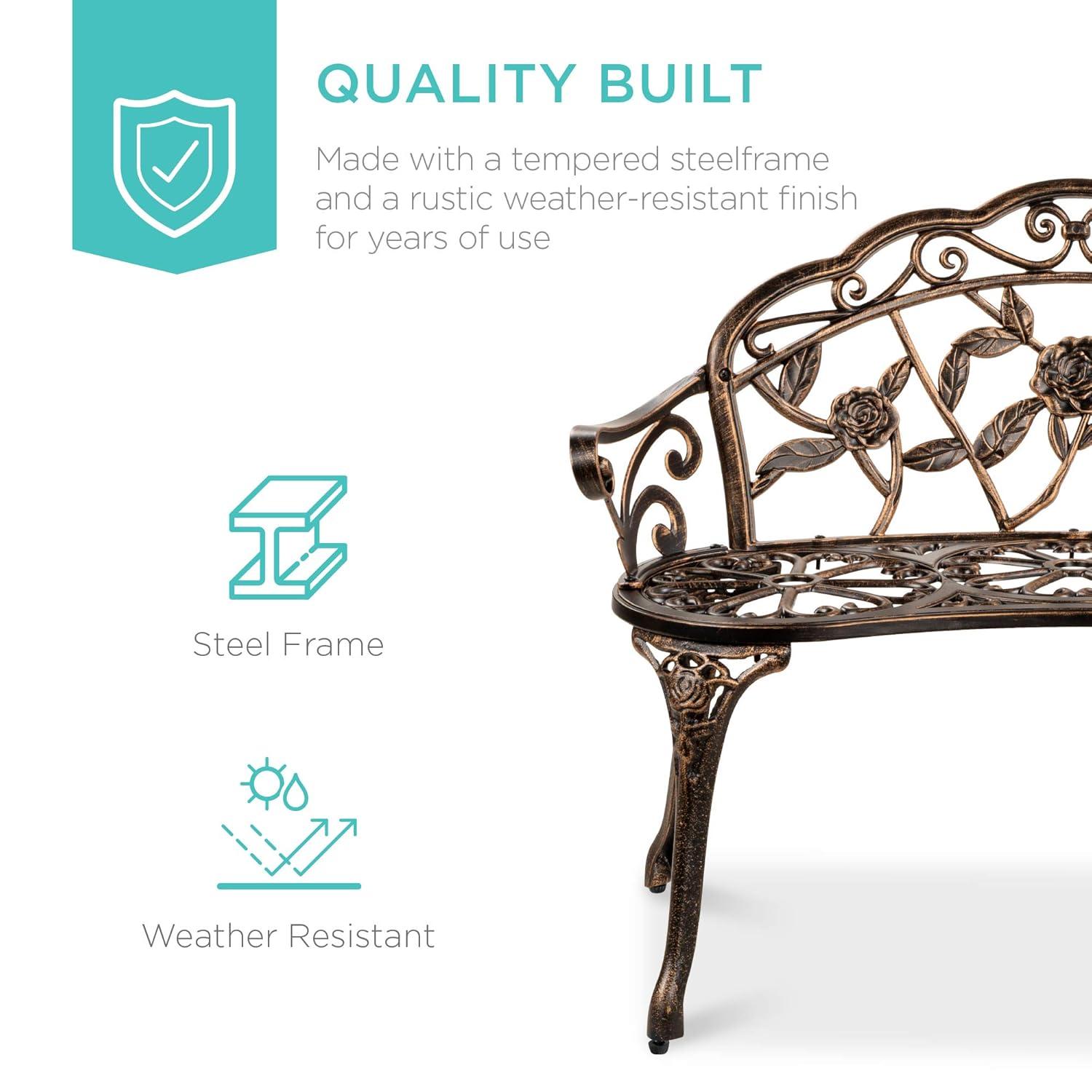 QSHIMY Patio Garden Bench Park Metal Rose Outdoor Benches, Aluminium Vintage Antique Furniture Chair Outside Benches Weather Proof Bench for Outdoor Porch, Lawn, Balcony, Backyard, Bronze