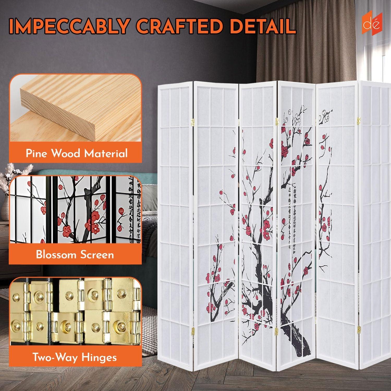 Legacy Decor 6 Panel Room Divider Privacy Screen Panel Blossom Shoji Design White Color