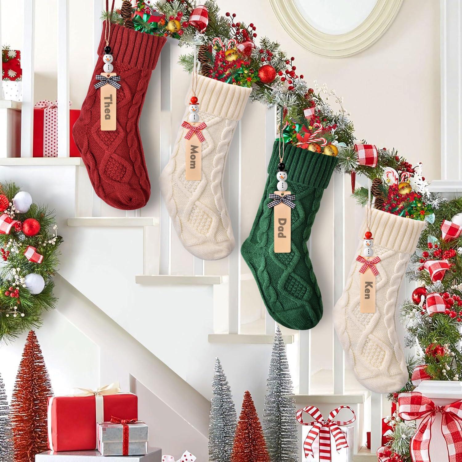 Dalrosia Personalized Christmas Stockings - 18 Inches Hanging Stockings with DIY Snowman Name Tags, 4PCS Large Size Knitted Stockings for Mantels, Christmas Tree Family Holiday Decor