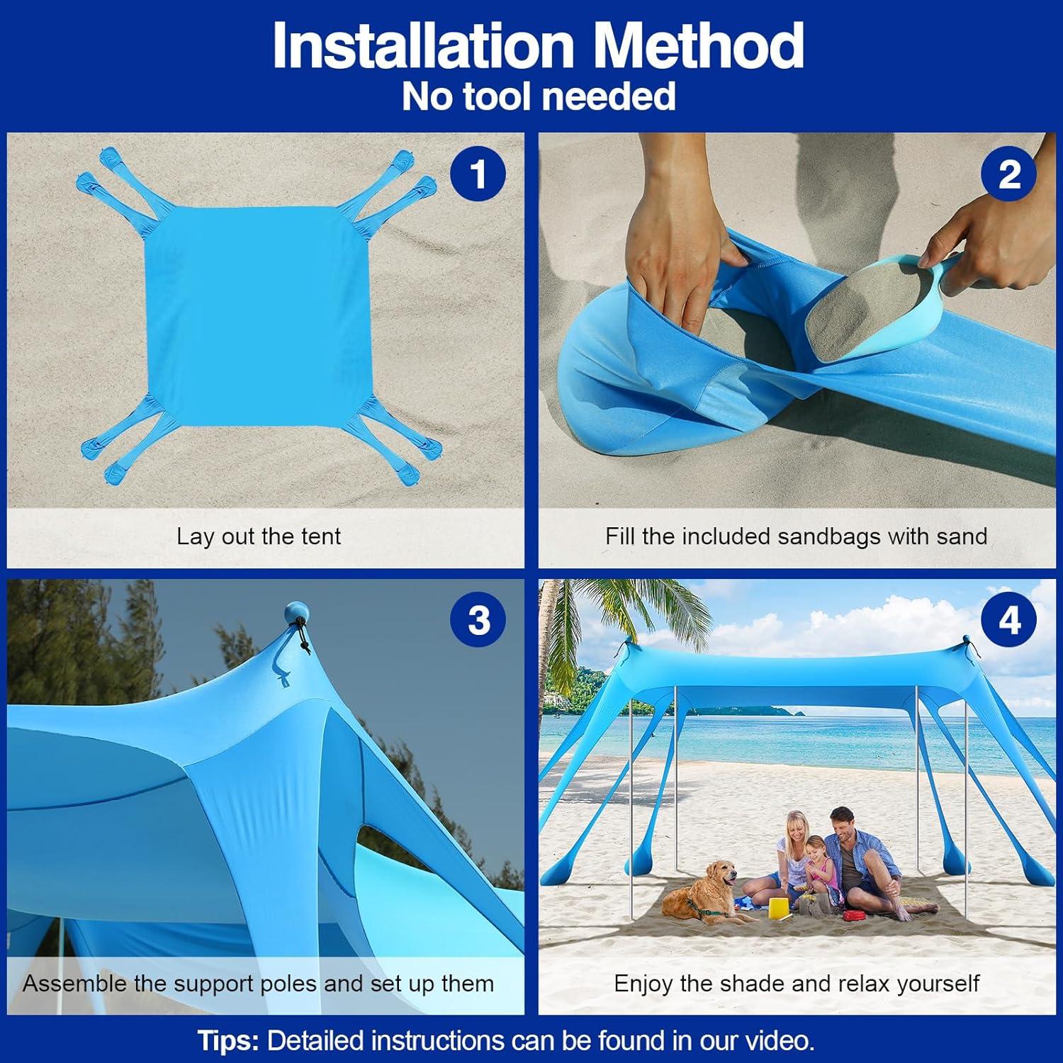 Rhino Valley Beach Tent Shade Canopy UPF50+ Protection, 8 Sandbags, 4 Stability Poles, Outdoor Sun Shelter Umbrella for Sand, Camping, Fishing Essentials