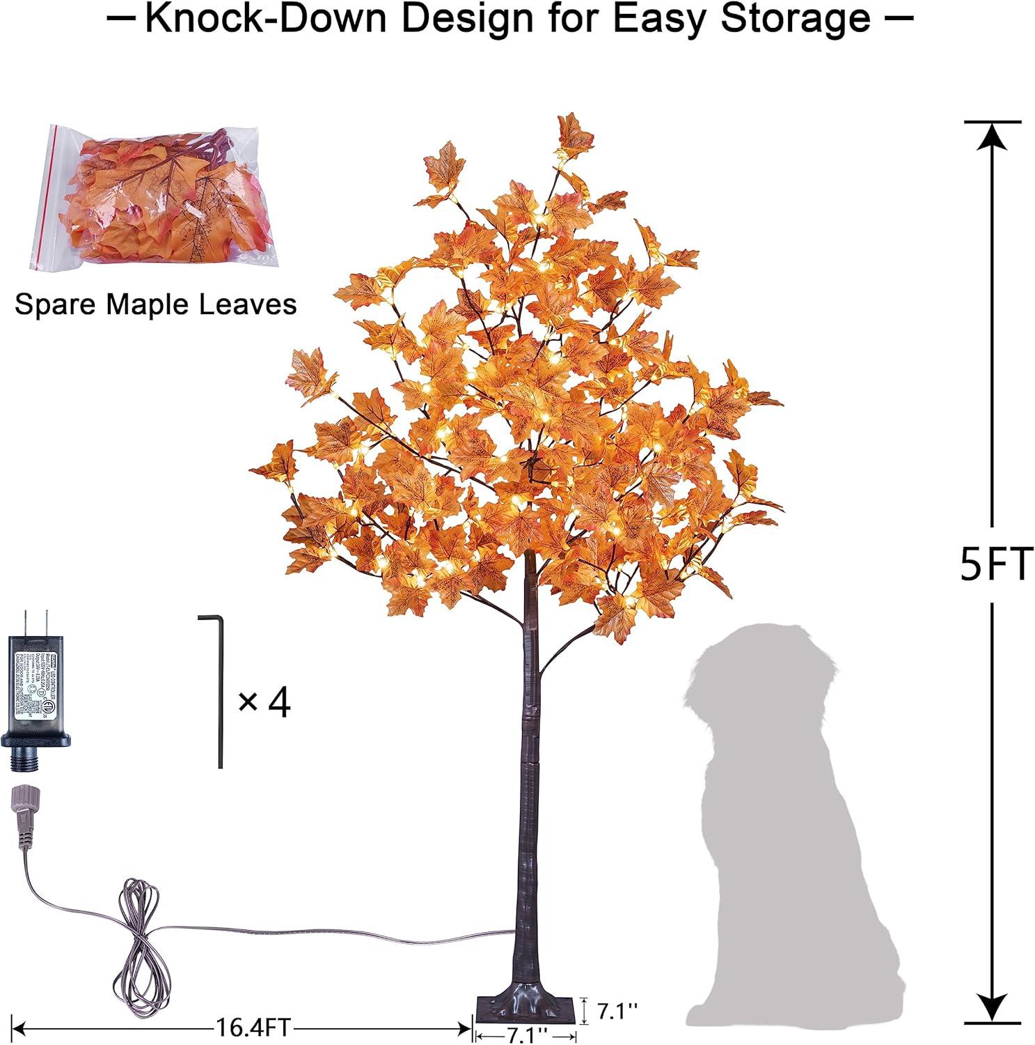 5FT 96LED Artificial Lighted Maple Tree Warm White Fall Decorations Indoor Ourdoor, Orange