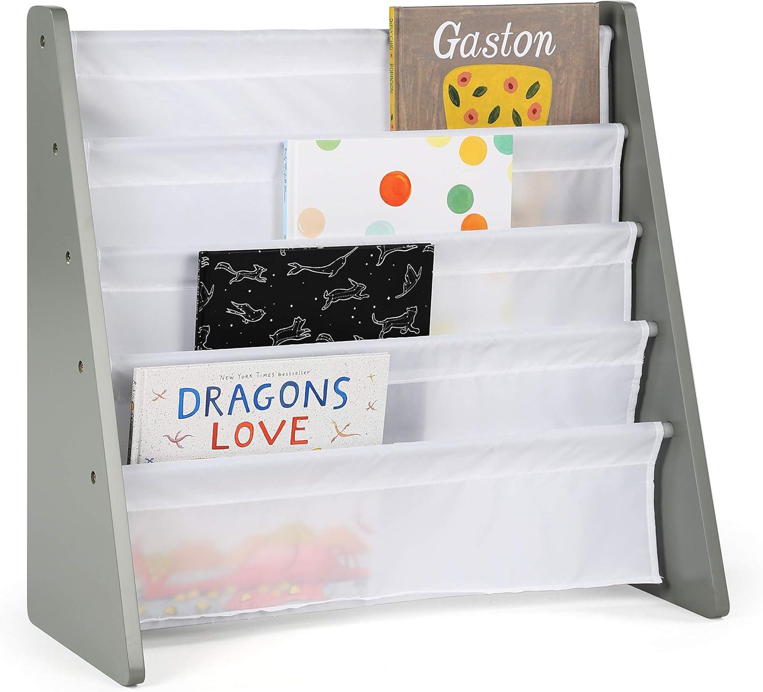 Gray and White Kids 4-Tier Fabric Book Rack