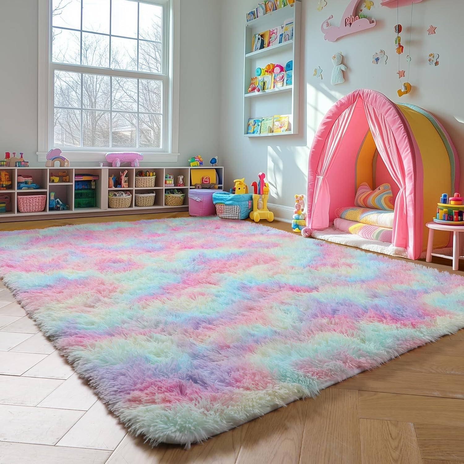 Amdrebio Rainbow Unicorn Colorful Kids Rugs for Girls Bedroom, 8x10 Fluffy Shag Area Rugs for Playroom Classroom, Large Pastel Room Decor Aesthetic, Cute Fuzzy Kawaii Princess Carpet for Baby Toddler