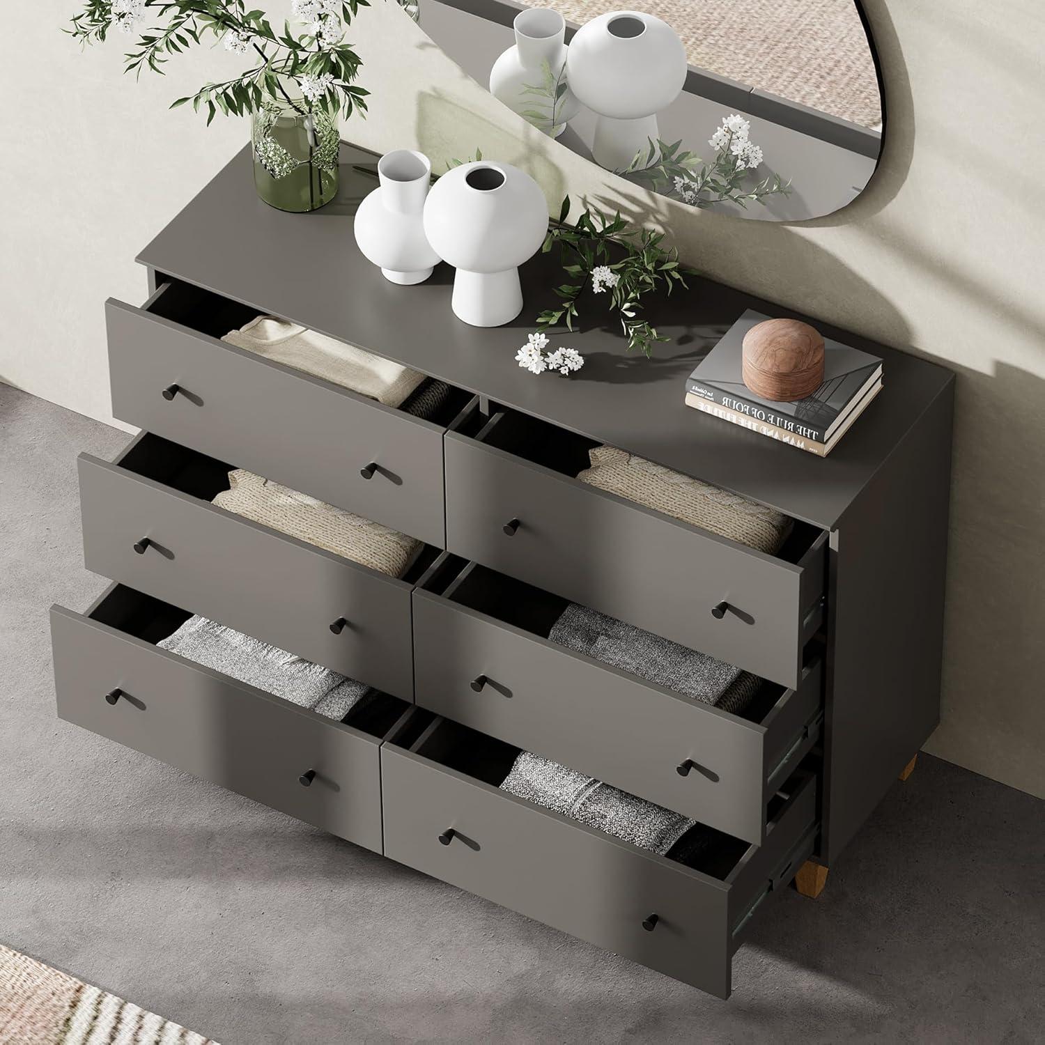 6 Drawers Dresser for Bedroom, Modern Wide Double Dressers with Chest of Drawers, Wooden Closet Organizer, Dark Grey