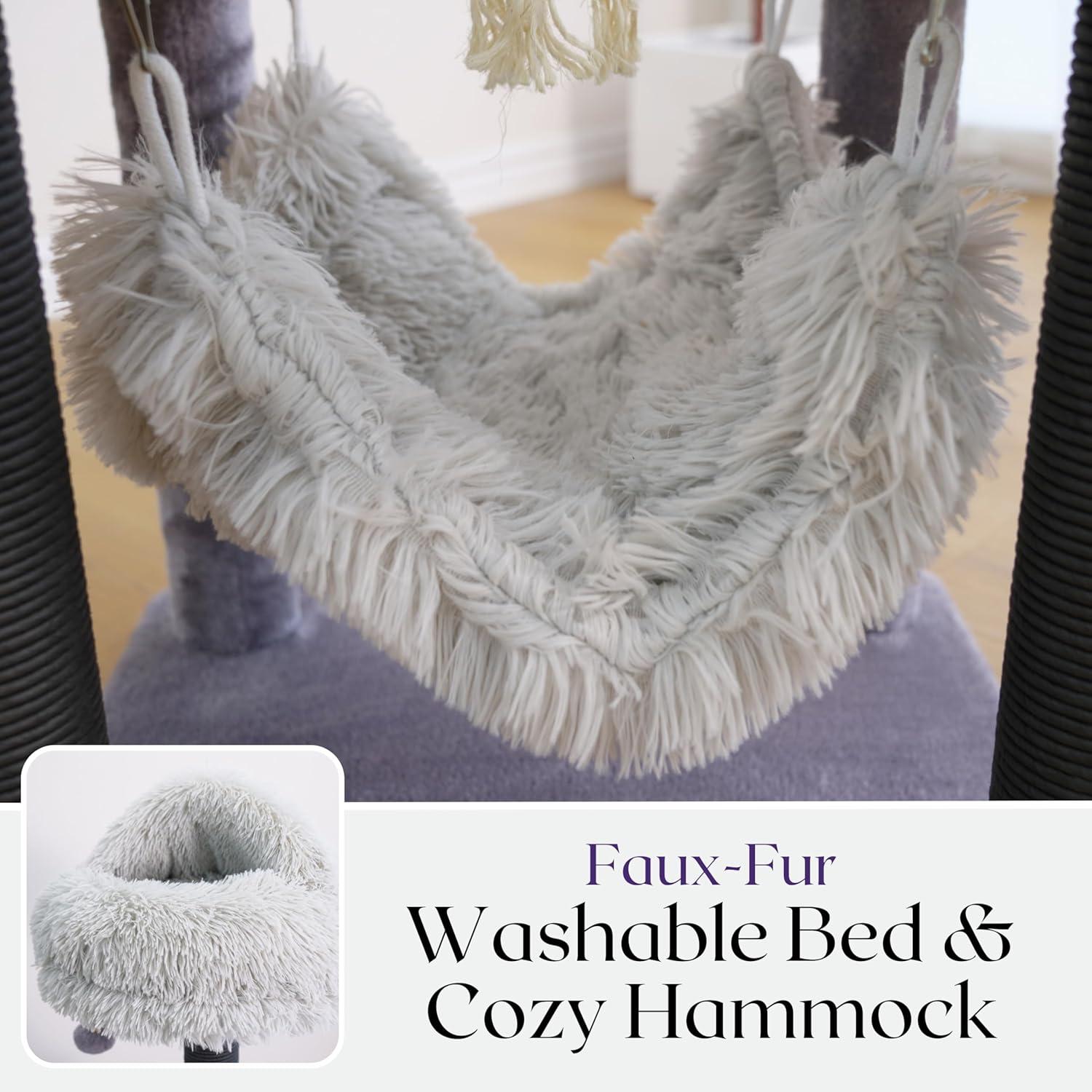 Catry Bradbury 7-Level 62.5” Modern Cat Tree with Replaceable Scratching Posts,Big Condo,Two Washable Beds, Two Hammocks,Quick Assembly, for Multi-Cat Homes(Cloud Gray)