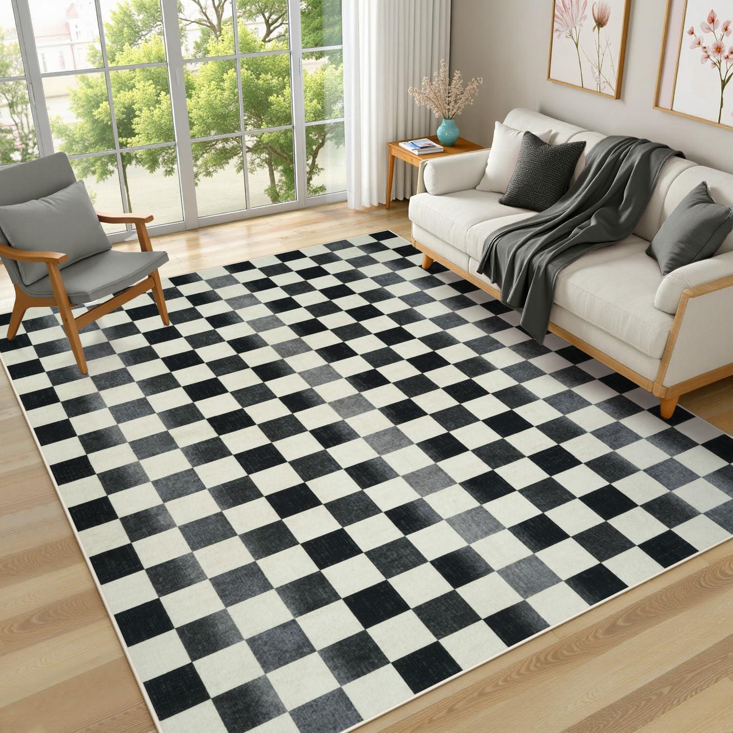 Luxe Weavers Checkered Black and White Geometric 8x10 Area Rug