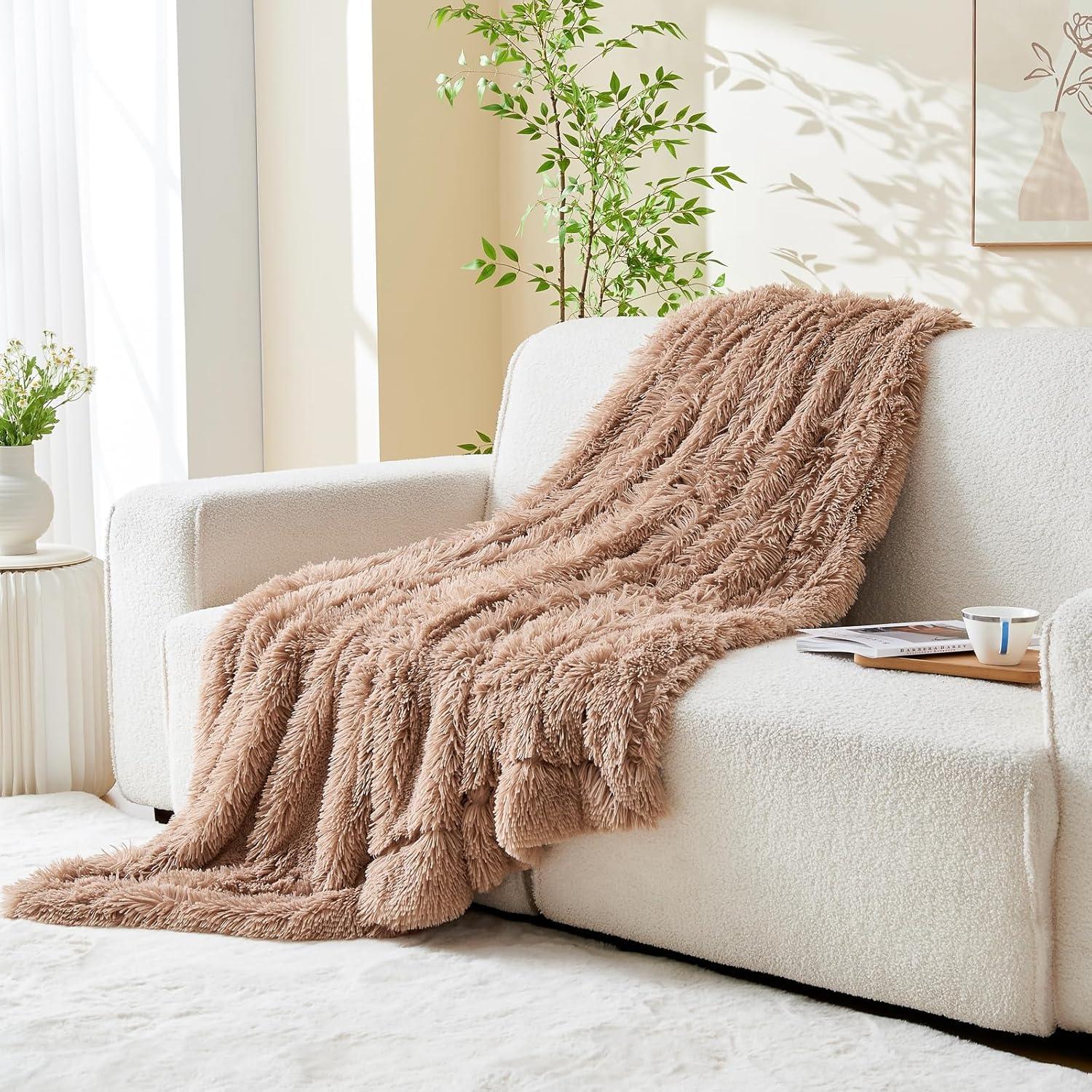 PAVILIA Soft Fluffy Faux Fur Throw Blanket, Taupe Tan Camel, Shaggy Furry Warm Sherpa Blanket Fleece Throw for Bed, Sofa, Couch, Decorative Fuzzy Plush Comfy Thick Throw Blanket, 50x60 Inches