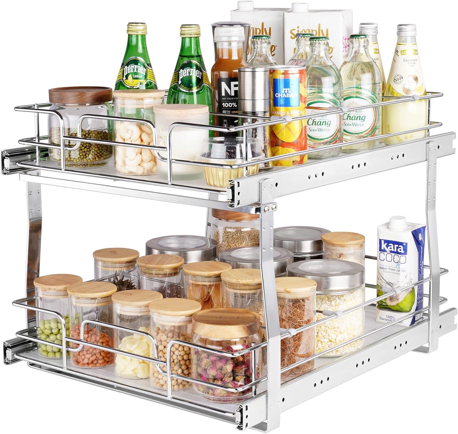 VEVOR 2 Tier Pull Out Cabinet Organizer(10.7"W x 14.2"D ), Under Sink Organizer and Storage, Slide Out Drawer Cabinet Organizer, Wire Basket Sliding Shelf for Kitchen Bathroom Cabinet, Black (2 Pack)