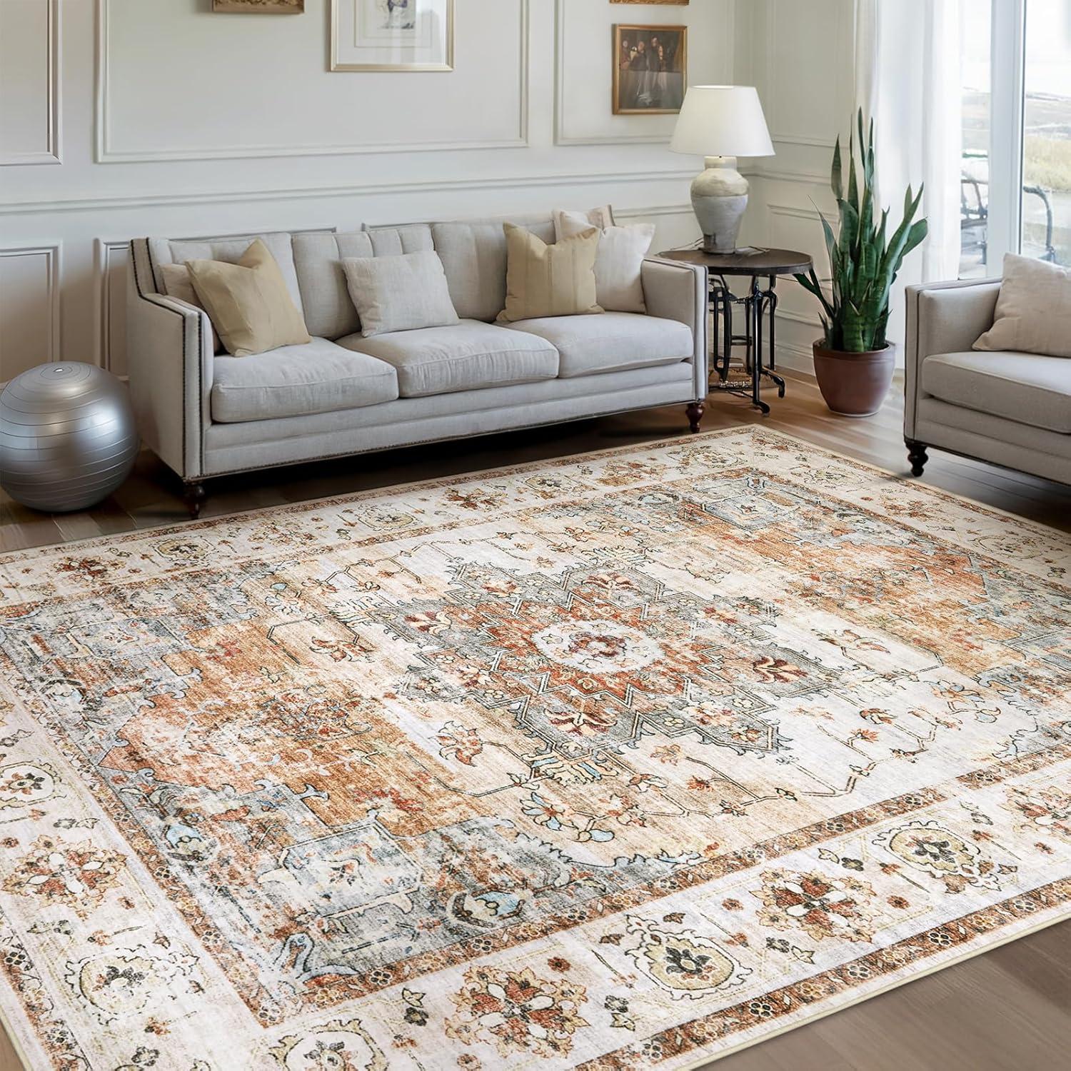 GlowSol 8x10 Floral Area Rug for Living Room Bedroom Retro Distressed Area Rug Traditional Medallion Non-Slip Low Pile Carpet Floor Decoration, Blue
