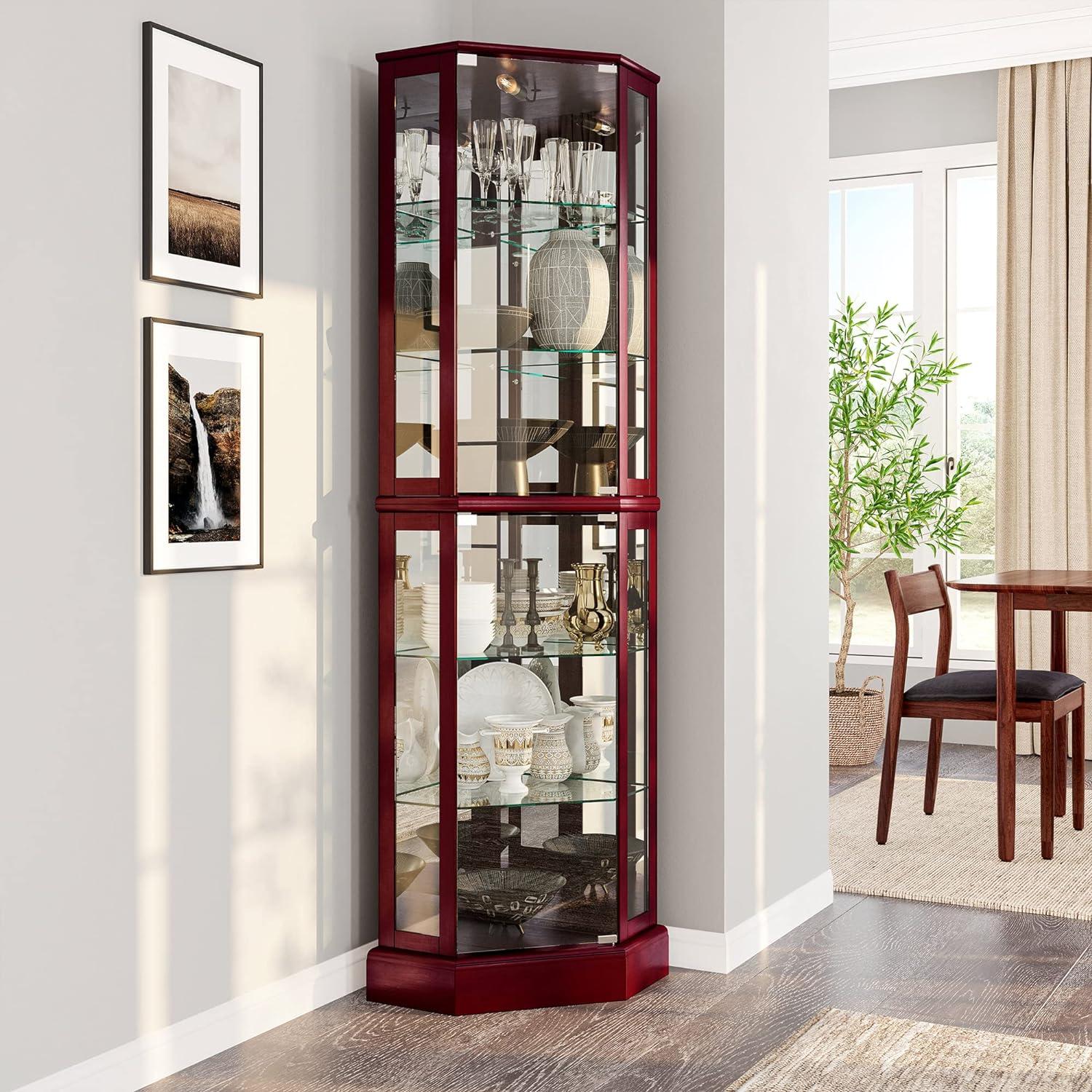 BELLEZE Ashfield Lighted Wood/Glass Curio Corner Cabinet Floor Standing, Cherry