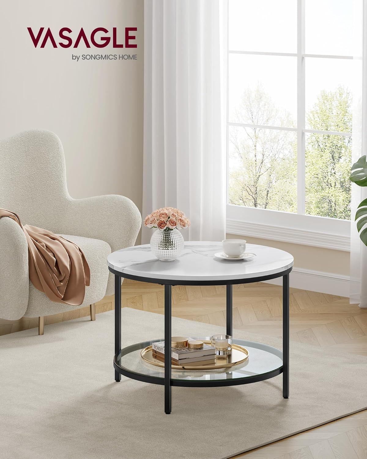 Round White Faux Marble and Glass Coffee Table with Black Steel Frame