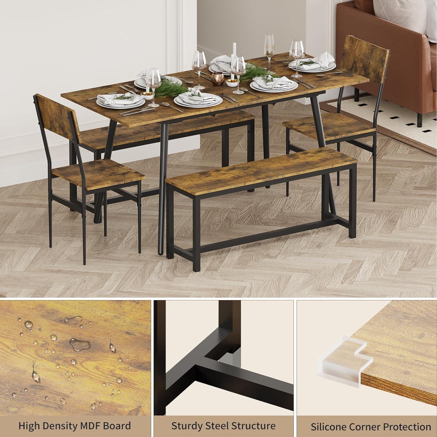 Linor 63" Extendable Dining Table Set for 4-6, 5-Piece Kitchen Table Set with 2 Chairs and 2 Benches, Dining Desk and Chairs for Home, Apartment, Rustic Brown