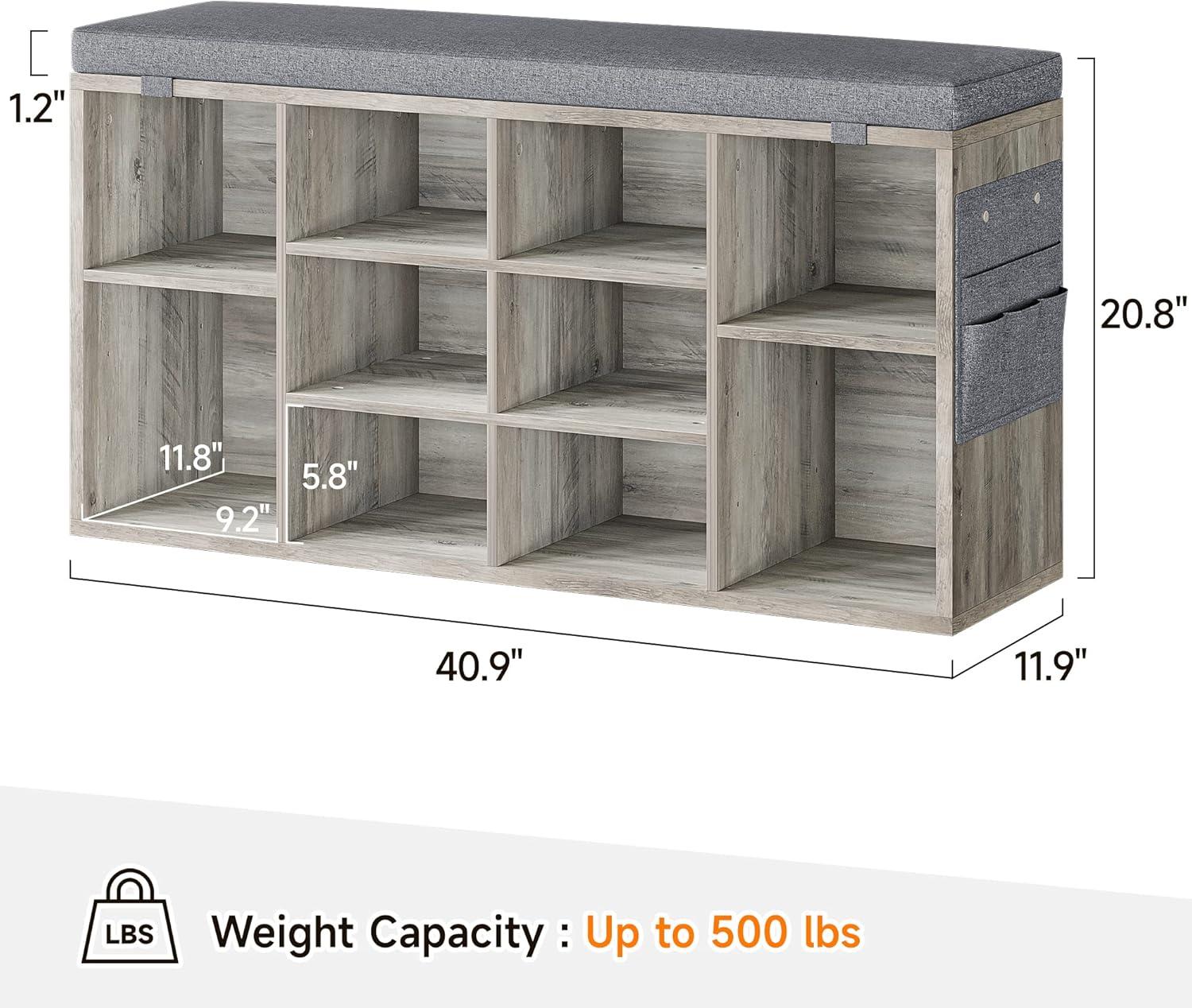 Gray Wood Shoe Storage Bench with Cushion and Adjustable Shelves