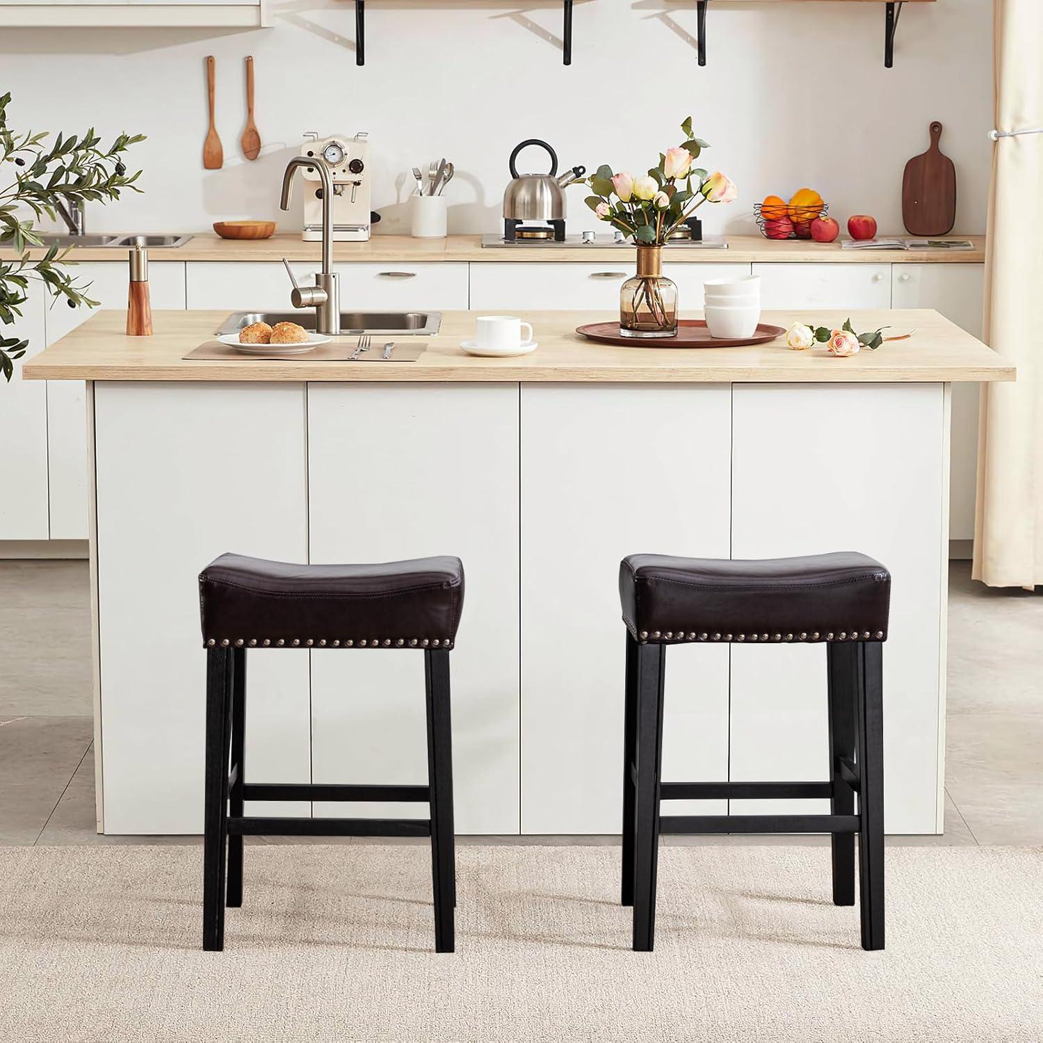 Bar Stools Set of 2, 26" Faux PU Leather Upholstered Counter Height Backless Saddle Stools with Nailhead Trims and Solid Wood Legs Farmhouse Island Chairs for Kitchen Dining Room Pub, Gray