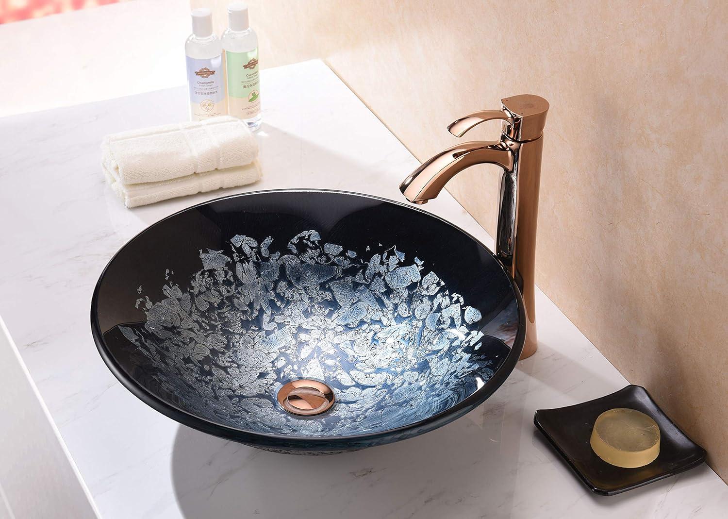 Silver Burst Glass Round Vessel Sink with Floral Pattern