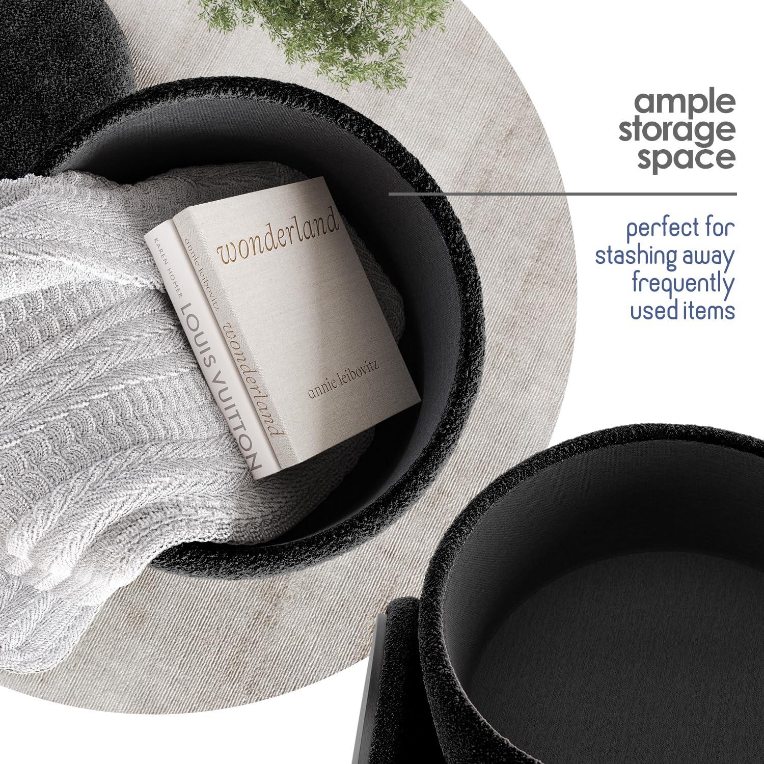 StorageBud Round Ottoman with Storage, Boucle Storage Ottoman, Modern Foot Stool Ottoman for Living Room and Bedroom, Black/Black Legs