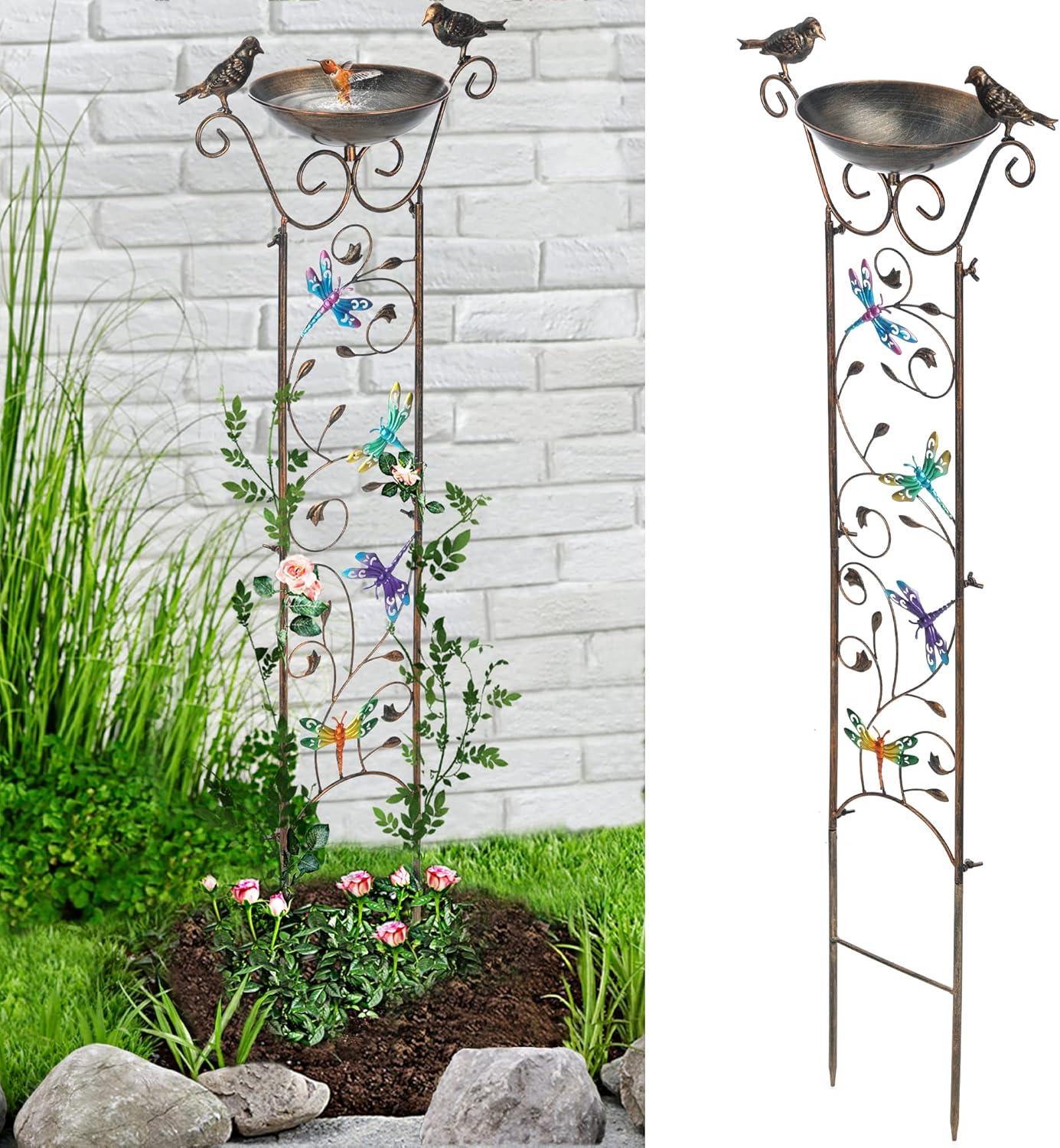 Elegant 40" Bronze Metal Garden Trellis with Bird Bath