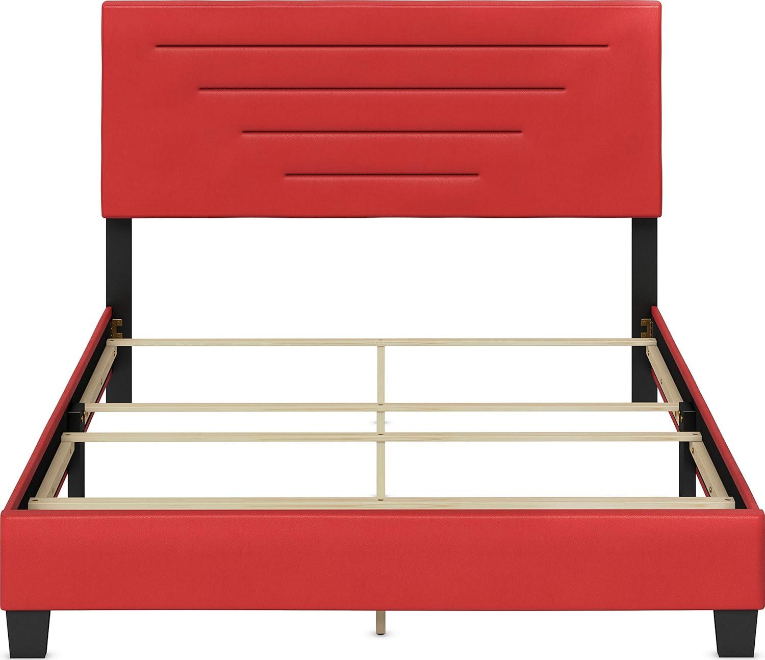 Luxembourg Red Faux Leather Queen Platform Bed with Upholstered Headboard