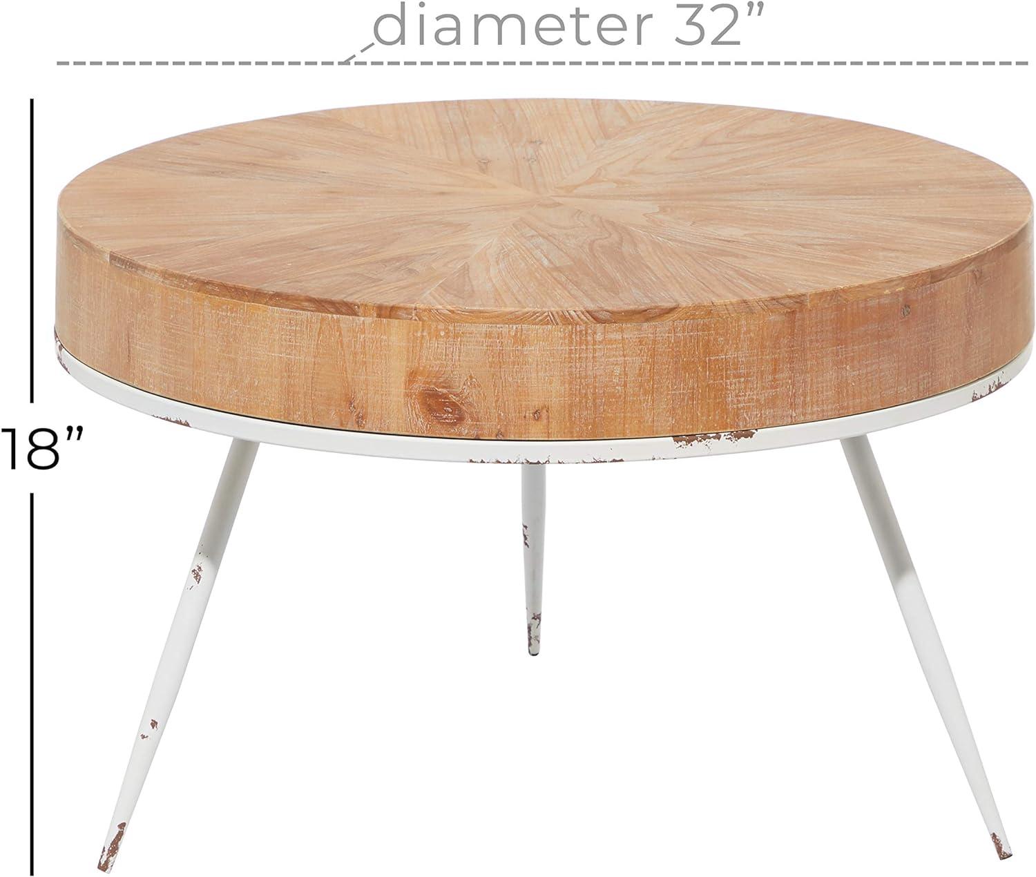Modern Minimalist Round Coffee Table with White Distressed Iron Legs, 32"W