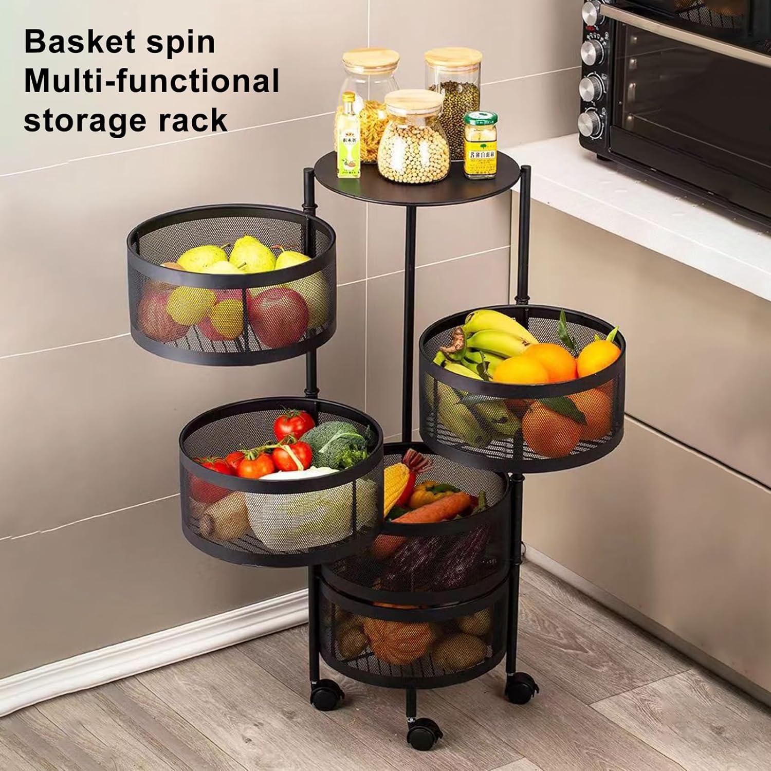 Kitchen Storage Cart,5 Tier Circular Rotating Basket,Large Storage Rack with 360 Degree Wheels