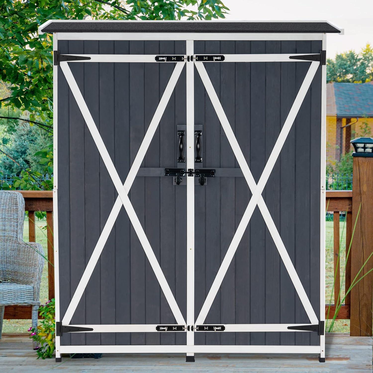 Mcombo 55.1 x 1.64 ft. Garden Tool Wood and Metal Storage Shed, Gray