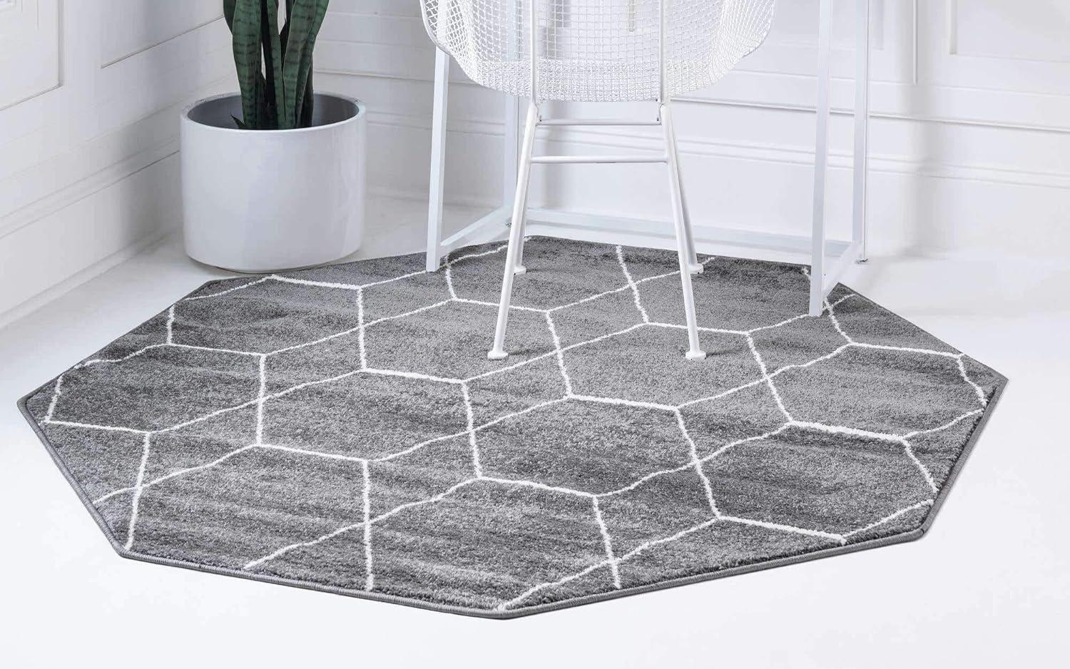 Dark Gray Octagon Synthetic Trellis Stain-Resistant Rug