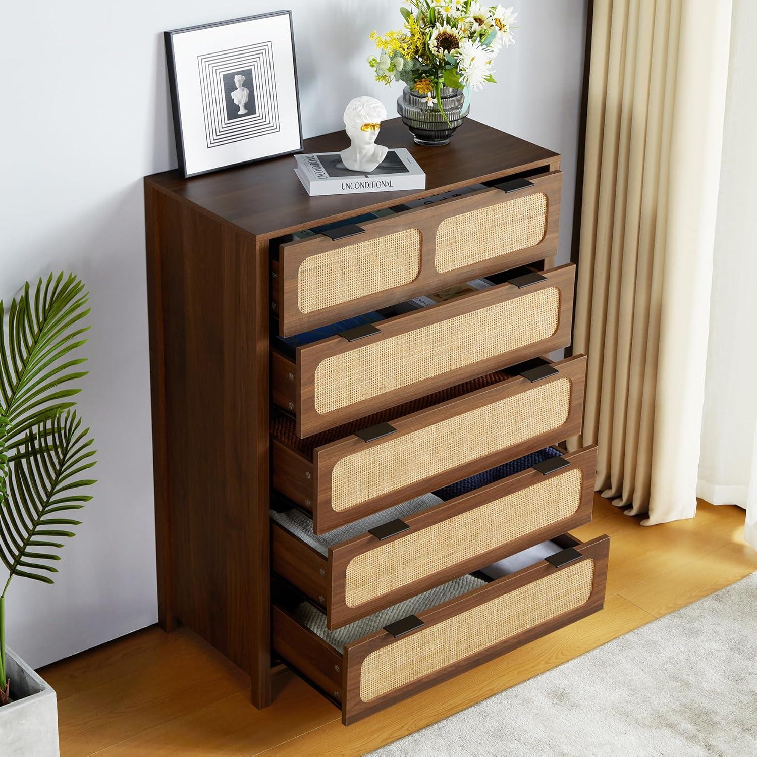 Walnut 5-Drawer Dresser with Rattan Fronts and Metal Handles