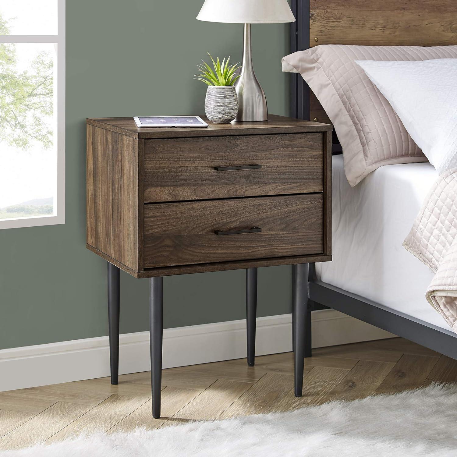 Wood Modern End Table with black metal handles - Dark Walnut