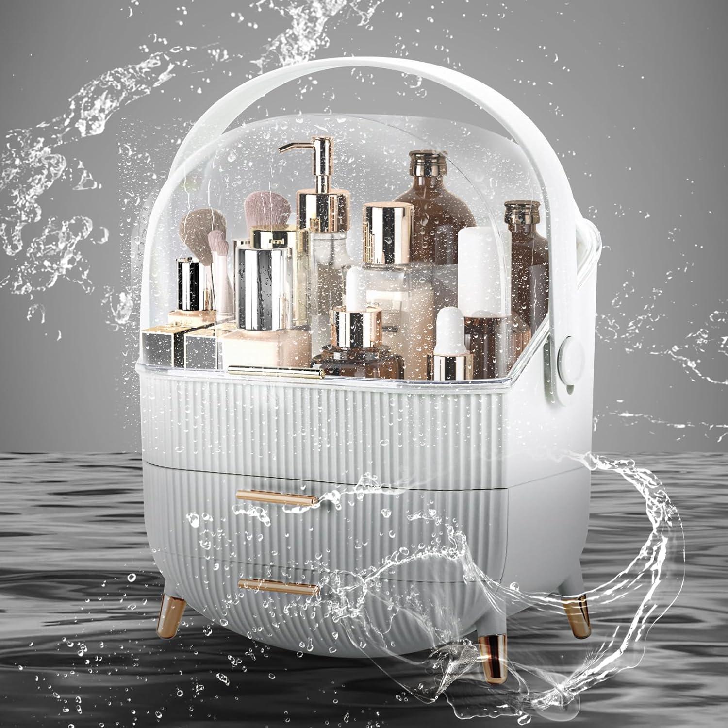 White ABS Makeup Organizer with Lid and Drawers