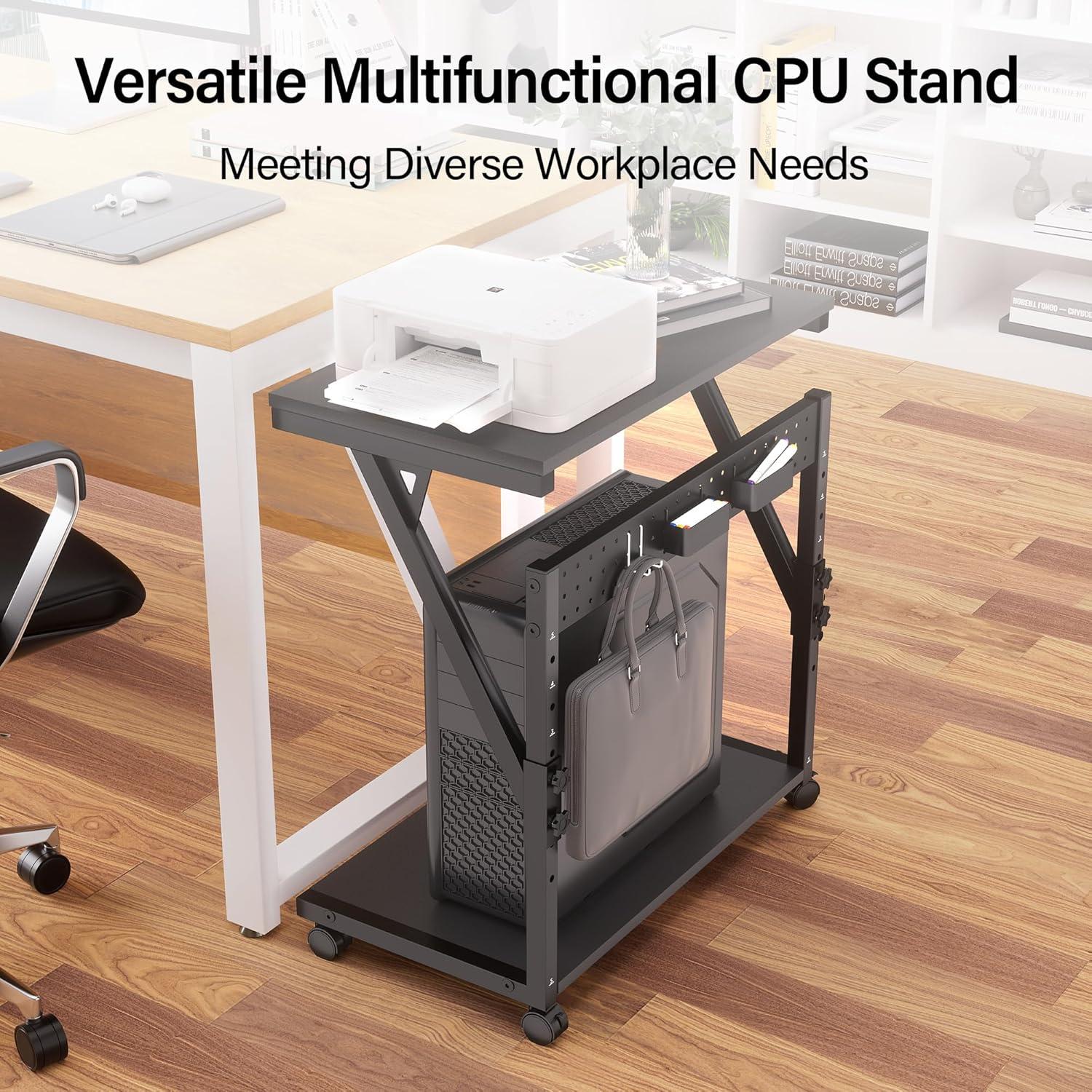 Computer Tower Cart - Height Adjustable PC Stand, 2-Tier ATX-Case CPU Holder Home Office Gaming Desk Accessories with Rolling Lockable Wheels, Laptop Table Standing Computer Desk, Rustic Black