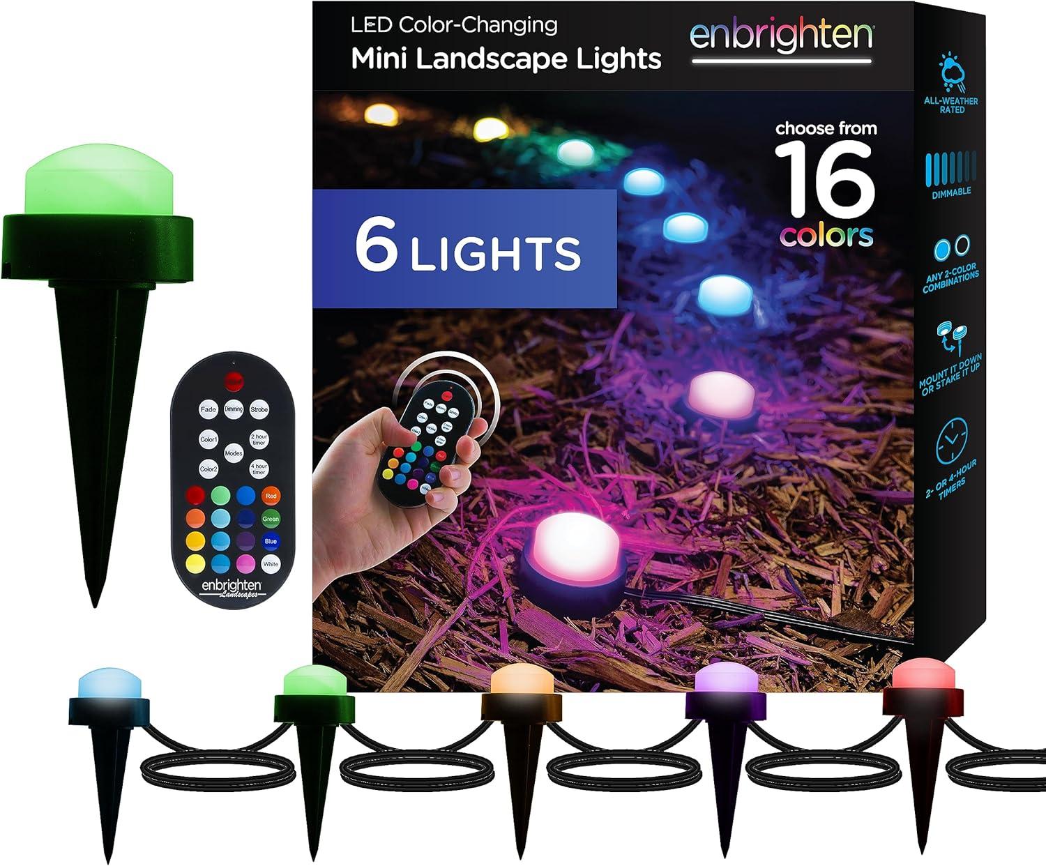 Enbrighten Premium LED Garden Lights, 6 Small Landscape Lights, 10ft Cord plus 22ft Lead Wire, Color Changing, Remote Control, Outdoor Landscape Lighting, 41366