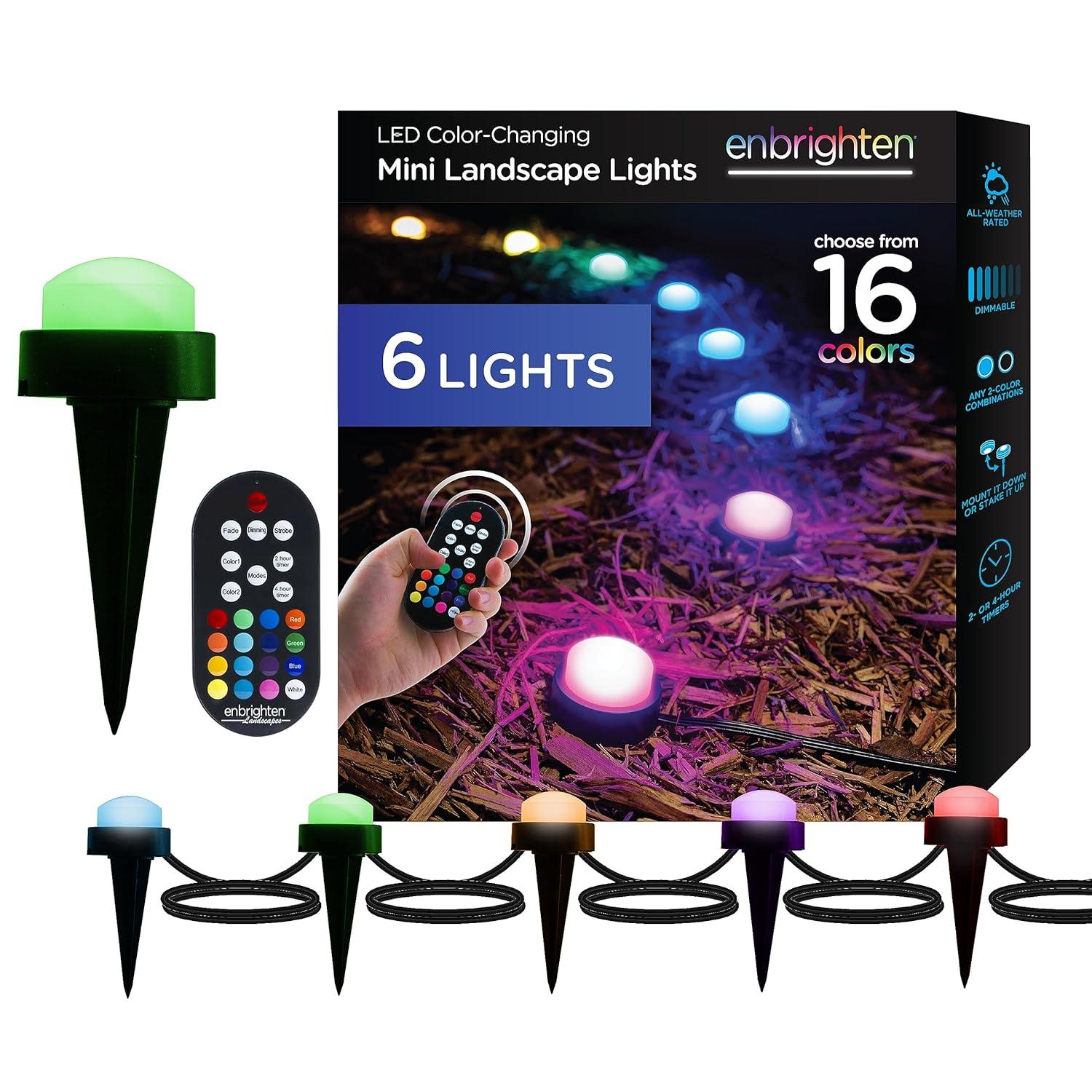 Enbrighten Premium LED Garden Lights, 6 Small Landscape Lights, 10ft Cord plus 22ft Lead Wire, Color Changing, Remote Control, Outdoor Landscape Lighting, 41366