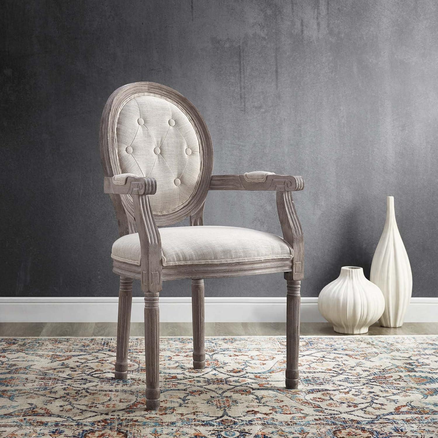 Beige Vintage French-Inspired Upholstered Wood Arm Chair