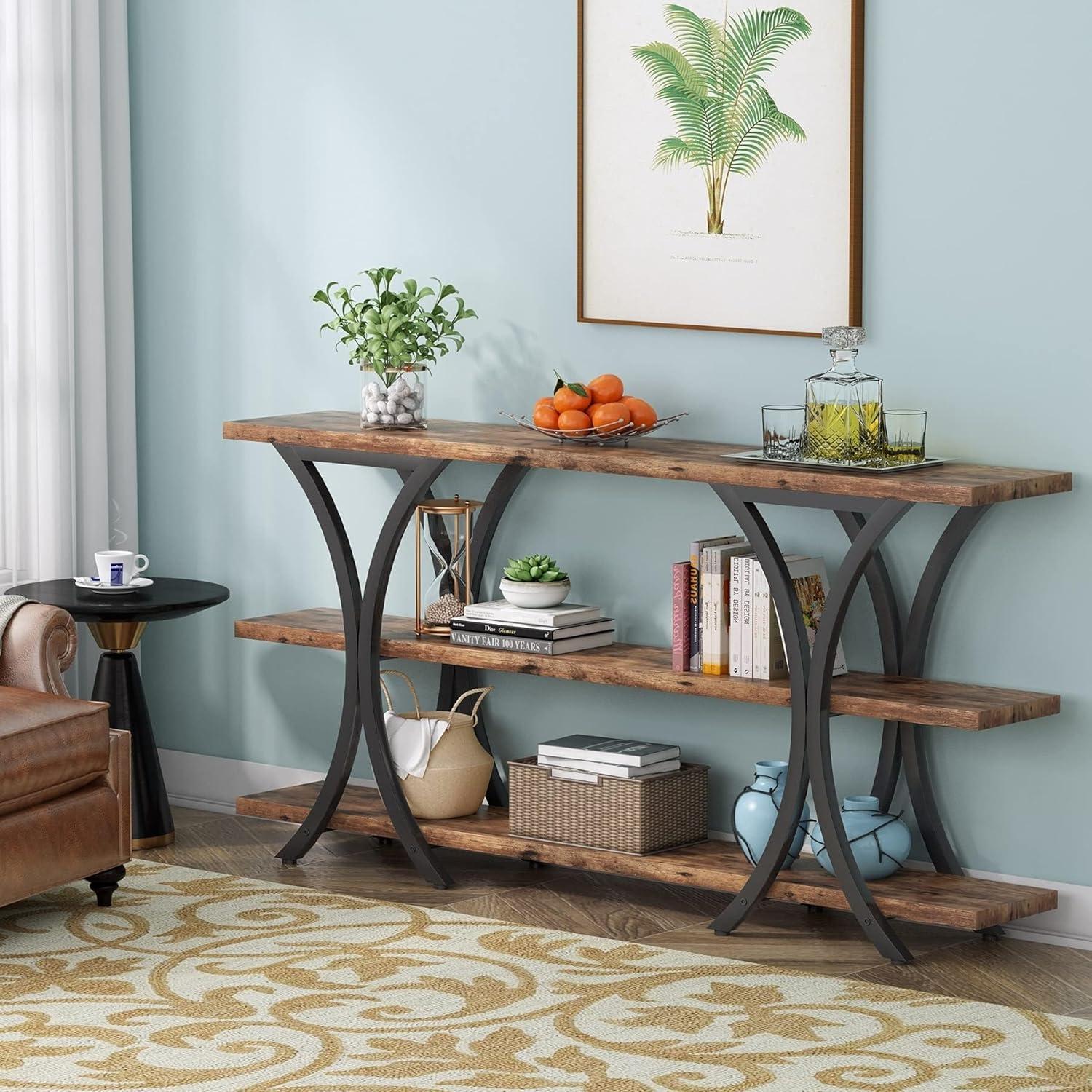 Industrial Brown Wood and Metal Console Table with Storage Shelves