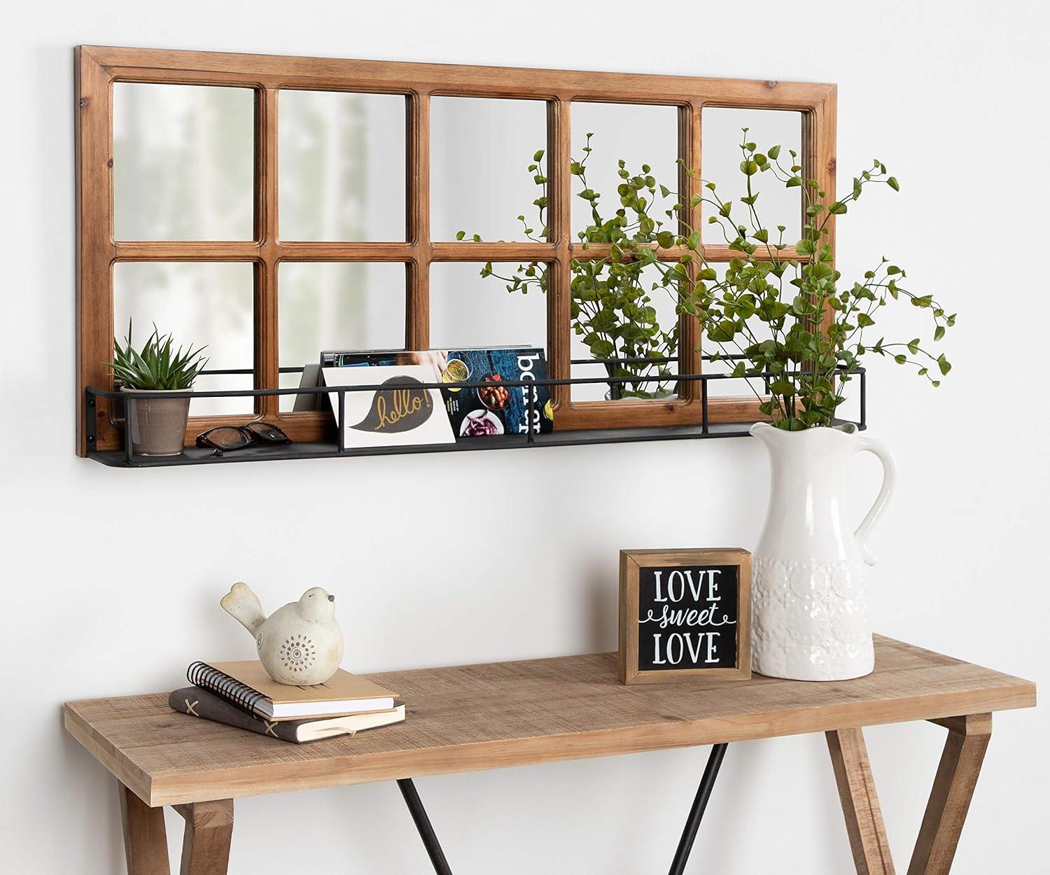 Rustic Brown Wood Wall Mirror with Black Metal Shelf