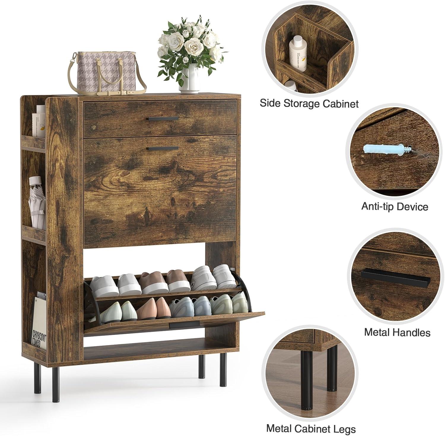 Shoe Cabinet Storage for Entryway  Freestanding Slim Shoe Organizer Cabinet with 2 Flip Drawers  Narrow Shoe Rack with Open Shelves for Hallway  Living Room  White