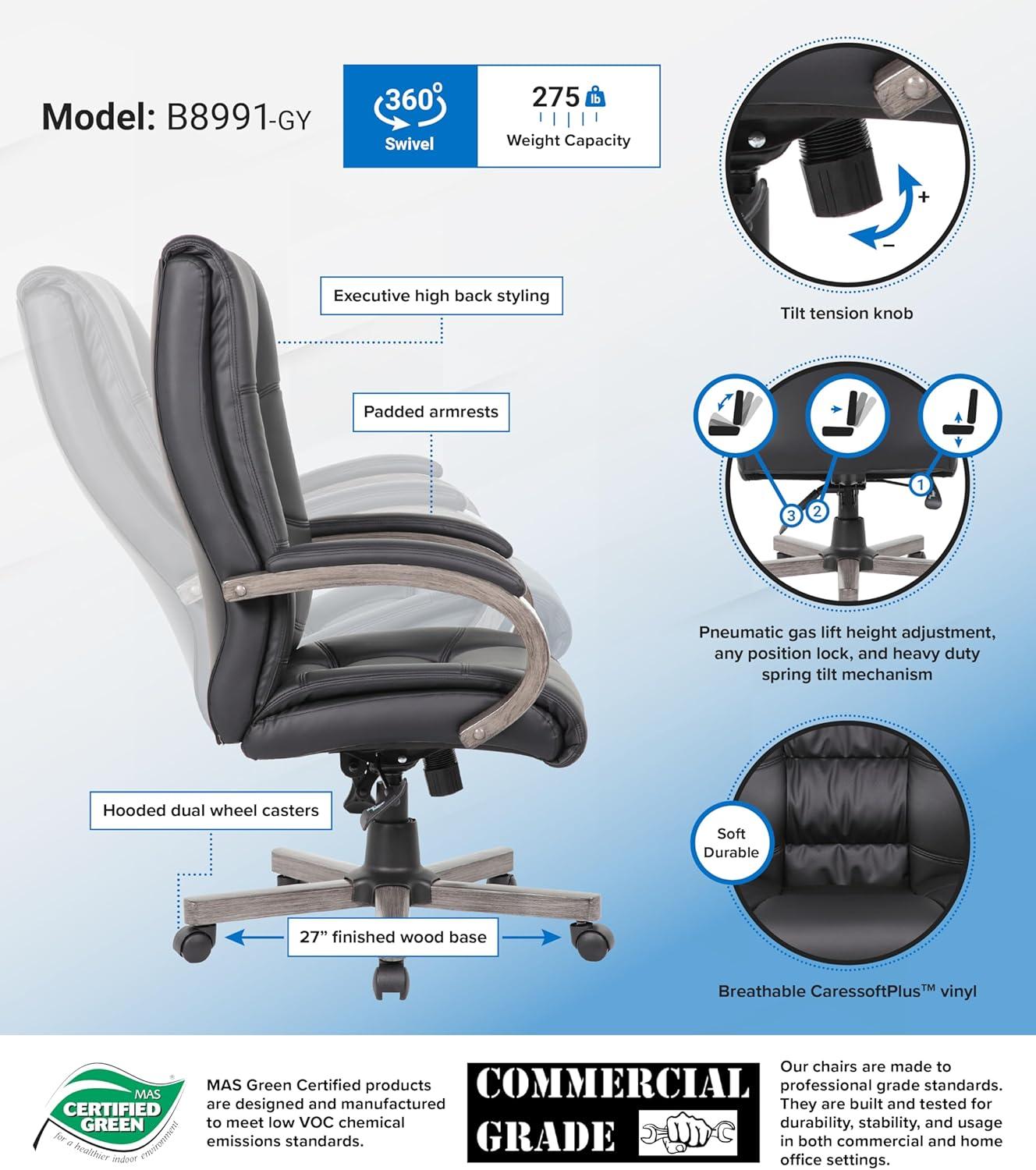 Boss Office Products High Back Wood Finished Executive Chair, Black Upholstery/Grey Wood