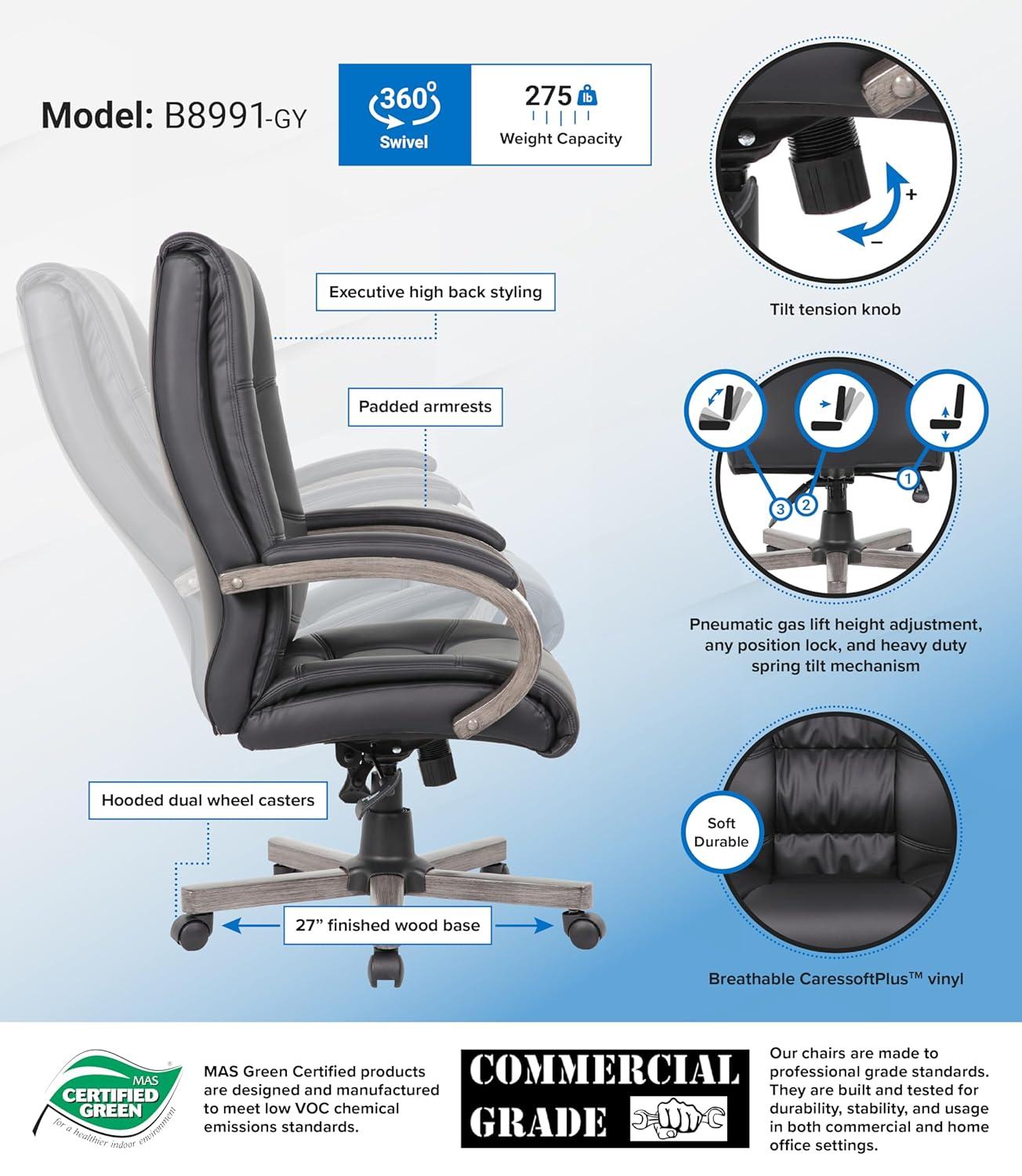 Boss Office Products High Back Wood Finished Executive Chair, Black Upholstery/Grey Wood