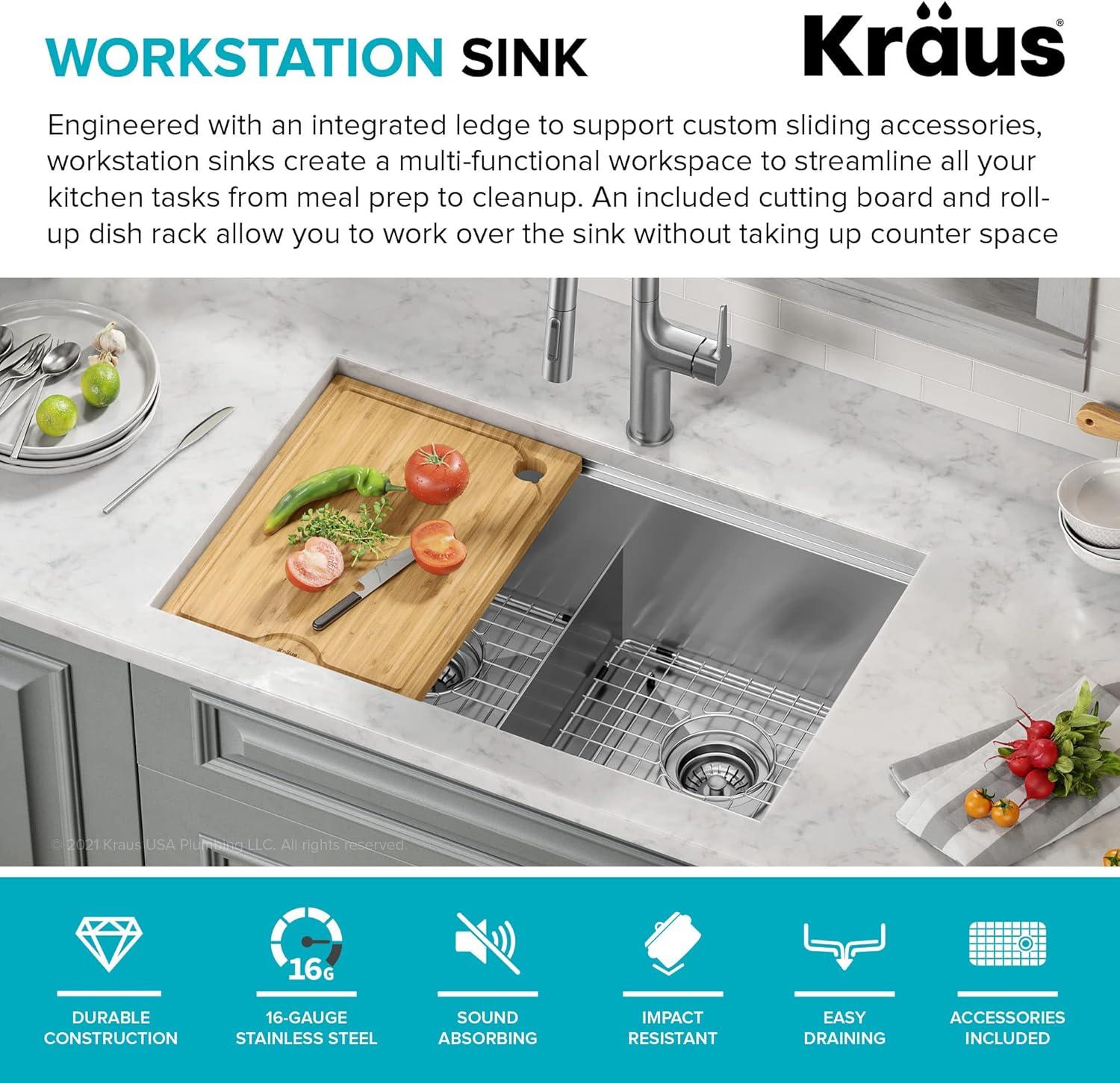 Kraus KRAUS Kore™ 30" L Undermount Workstation 16 Gauge Stainless Steel Double Bowl Kitchen Sink KWU112-30