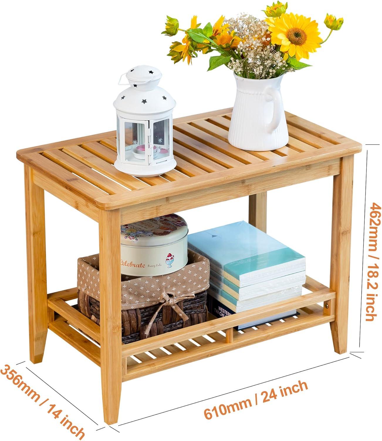 Zoopolyn Bamboo Shower Bench Seat with Storage Shelf Shower Stool Chair for Shaving Legs in Bathroom & Inside Shower Natural