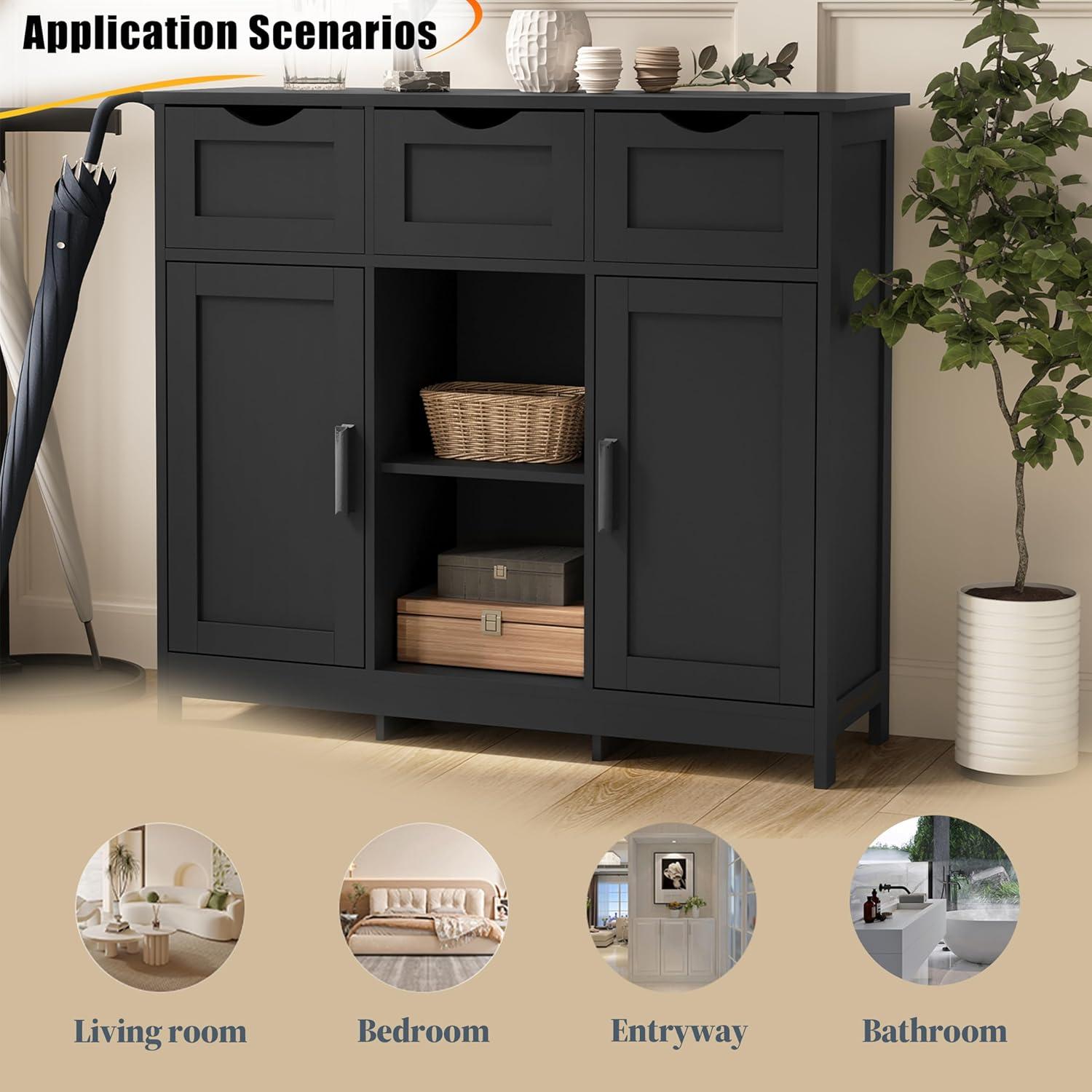 Black MDF Storage Cabinet with Adjustable Shelves and Drawers