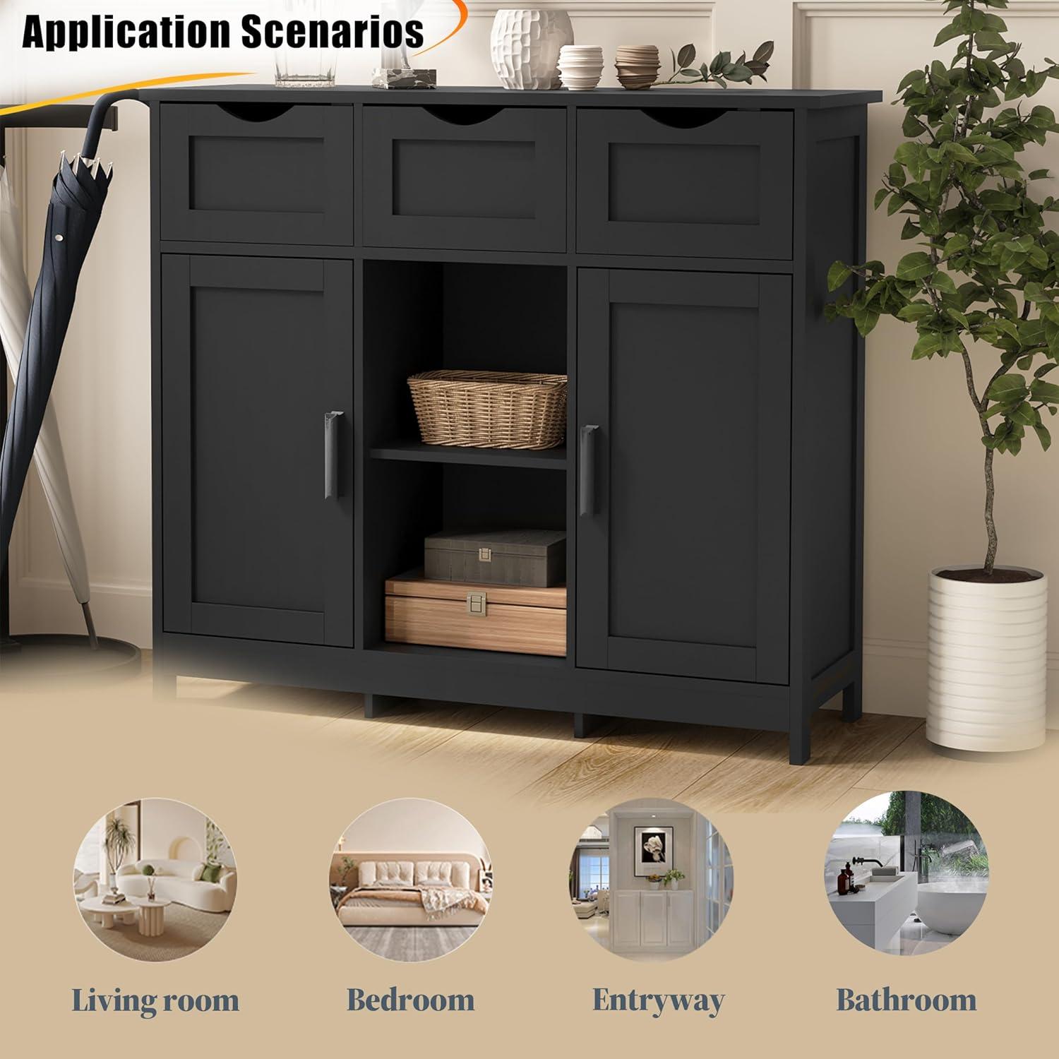 Black Storage Cabinets, Wooden Floor Cabinet,Coffee Bar Cabinet with 3 Drawers and 2 Doors,Free-Standing Cupboard for Kitchen,Living Room,Bathroom Diningroom