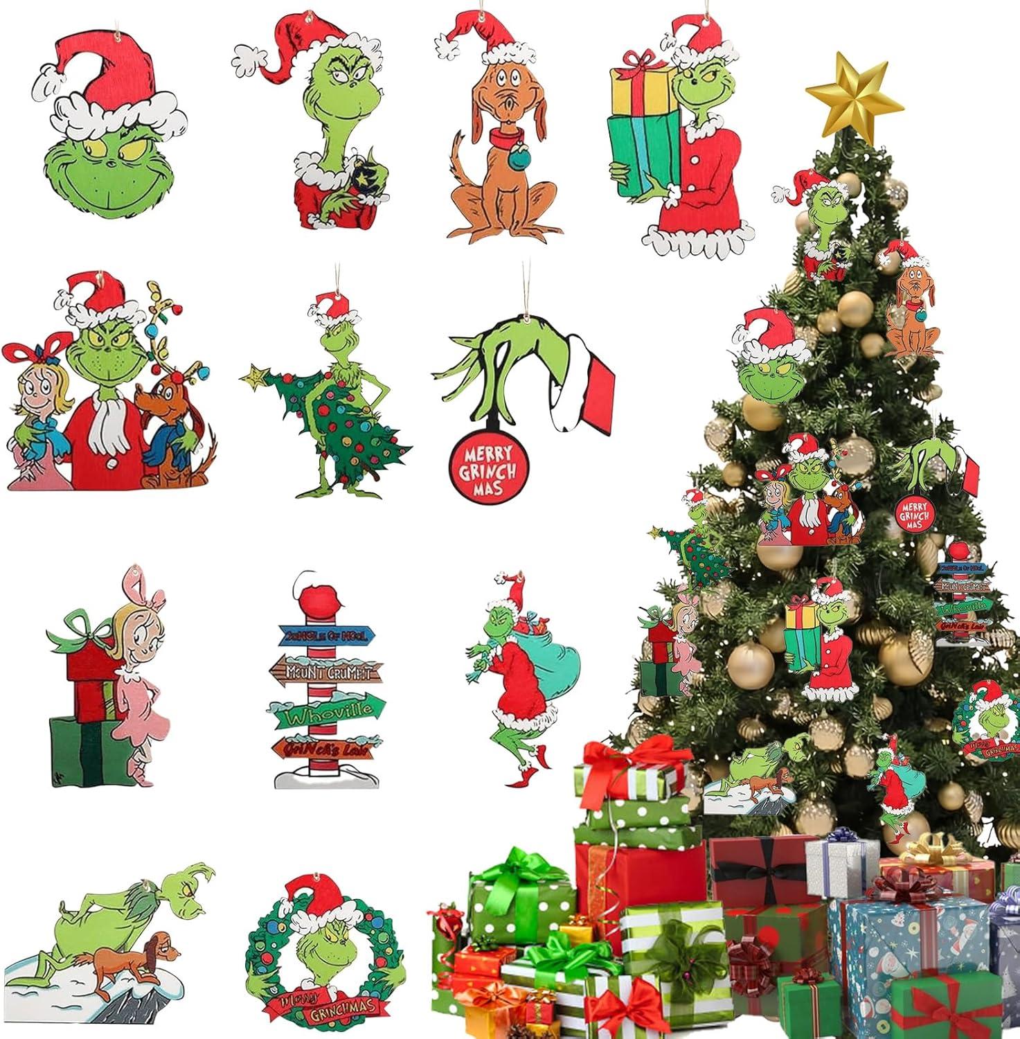 24PCS Festive Wooden Grinch Christmas Tree Ornaments Set