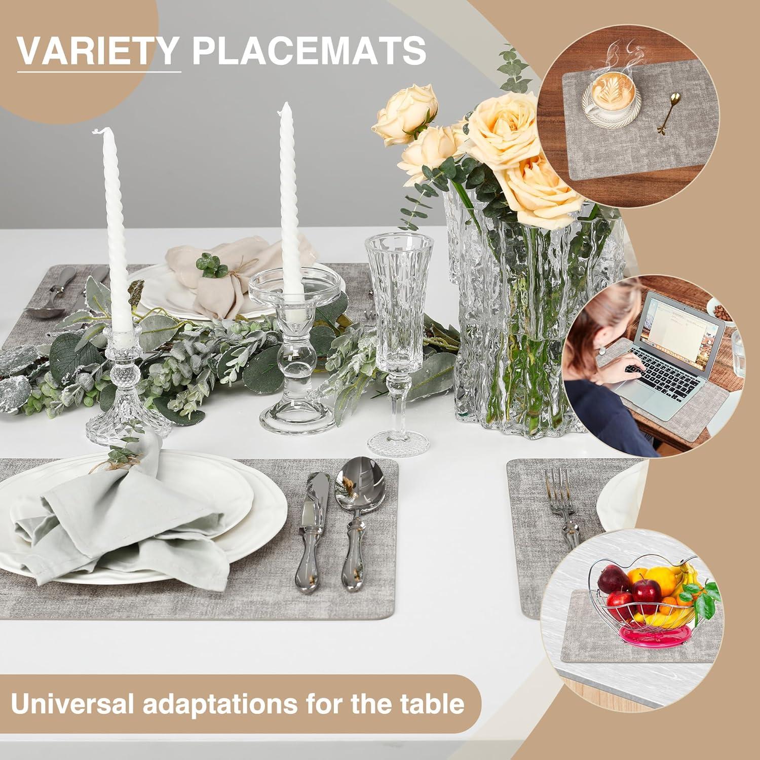 FOCUSLINE Faux Leather Placemats Set of 6, Light Grey Table Place Mats, Waterproof and Non-Slip Dining Table Mats for Indoor & Outdoor Use