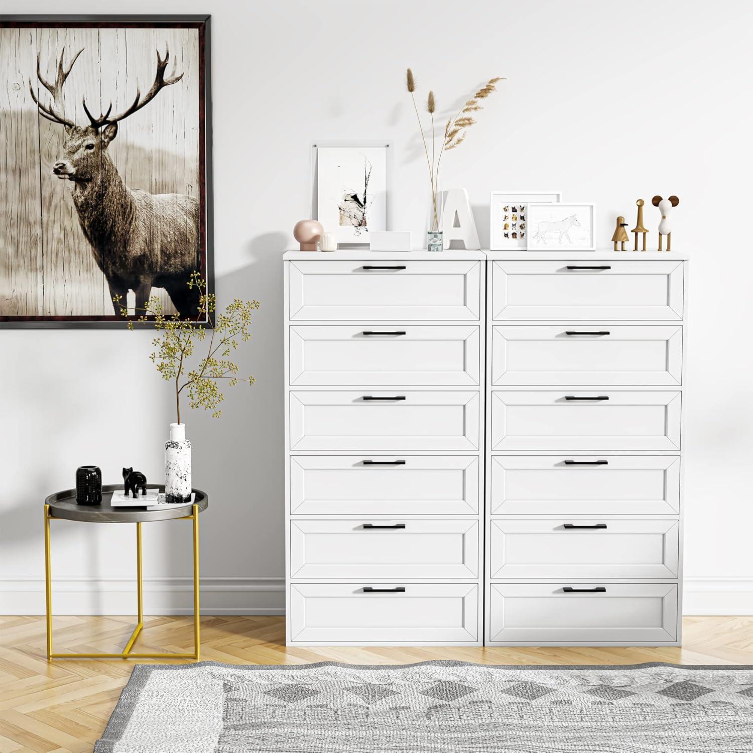 White Tall 6-Drawer Wood Dresser with Black Handles